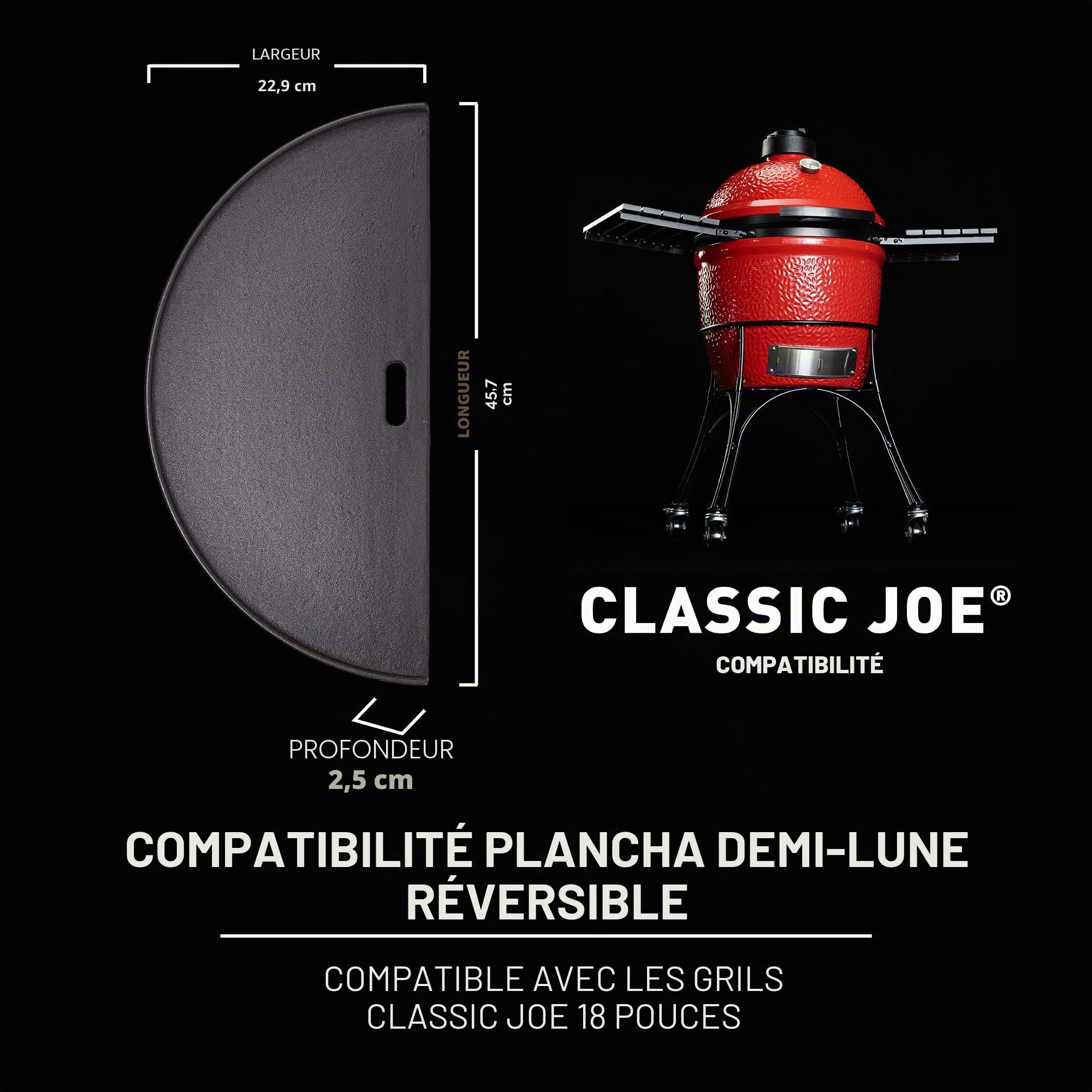 Kamado Joe KJ-HCIGRIDDLE, Croissant de lune en fonte Réversible Griddle Grill Accessoires de barbecue Noir