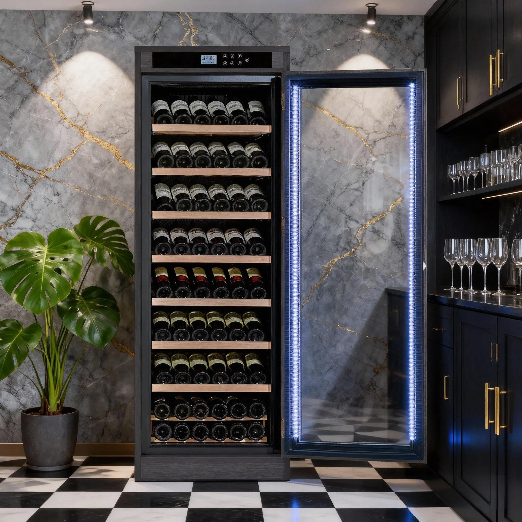 Relaxcabine 102 Bottles Wine Cooler Multi-Tiered, Intelligent Temperature-Controlled 10.6 Ft³ Wine Cabinet, Dual Layer Tempered Glass Door, Black Wood Exterior For Home, Kitchen Or Bar on Fridge.com - View 2