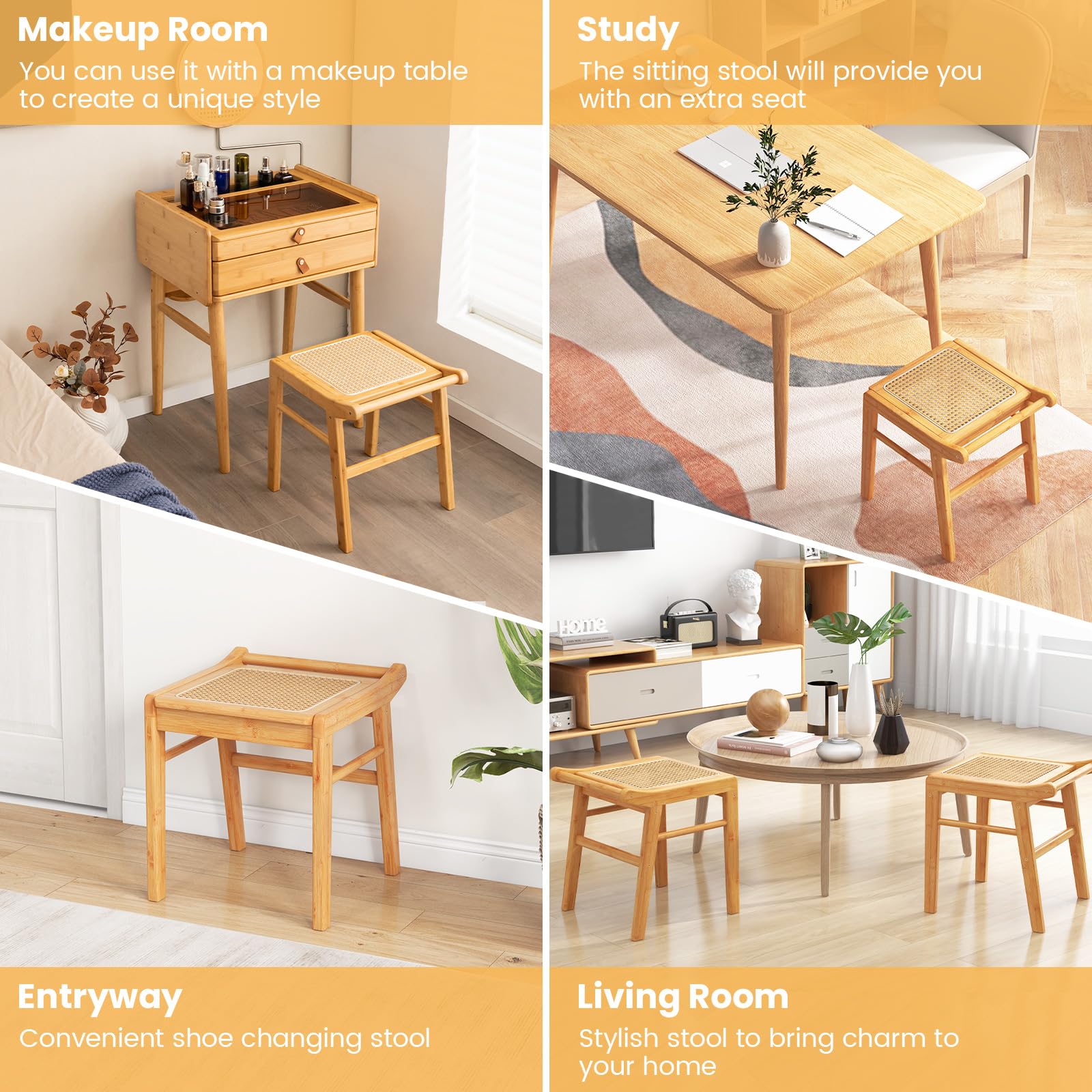 RELAX4LIFE Sitzhocker, Hocker aus Bambus, Schminkhocker mit Rattan-Oberfläche & rutschfeste Füßen, Sitzbank für Eingangsbereich Wohnzimmer Schlafzimmer, 40 x 38 x 43 cm, Natur