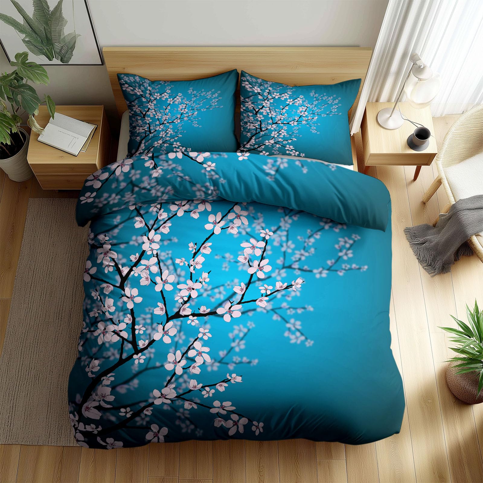 Housse de Couette 240x220 cm Fleurs de Cerisier du Japon, Parure de Lit 2 Personnes avec 2 Taies d'Oreiller 65x65 cm, Imprimé Floral Zen Réversible en Microfibre Douce et Respirante, Bleu Turquoise