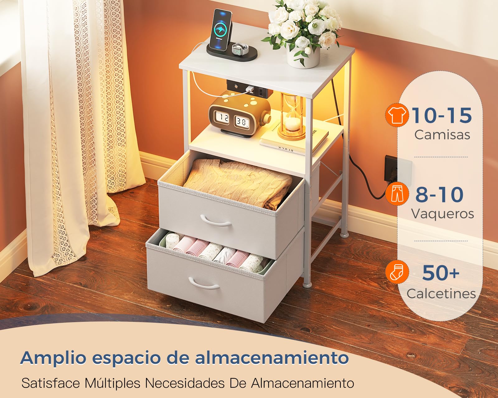 Coleshome Mesitas de Noche, con Enchufe, 2 Puertos USB y Tira de Luces LED, Mesita de Noche con 2 Cajones de Tela y 1 Espacio de Almacenamiento, 40 x 30 x 60 cm, 1 Paquete