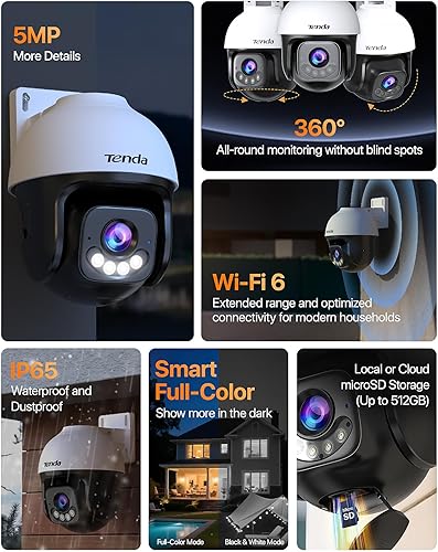 Vista 2 de Tenda Cámara de seguridad Wi-Fi QHD de 5 MP para exteriores, cobertura completa de 360°, visión nocturna a color, detección de movimiento