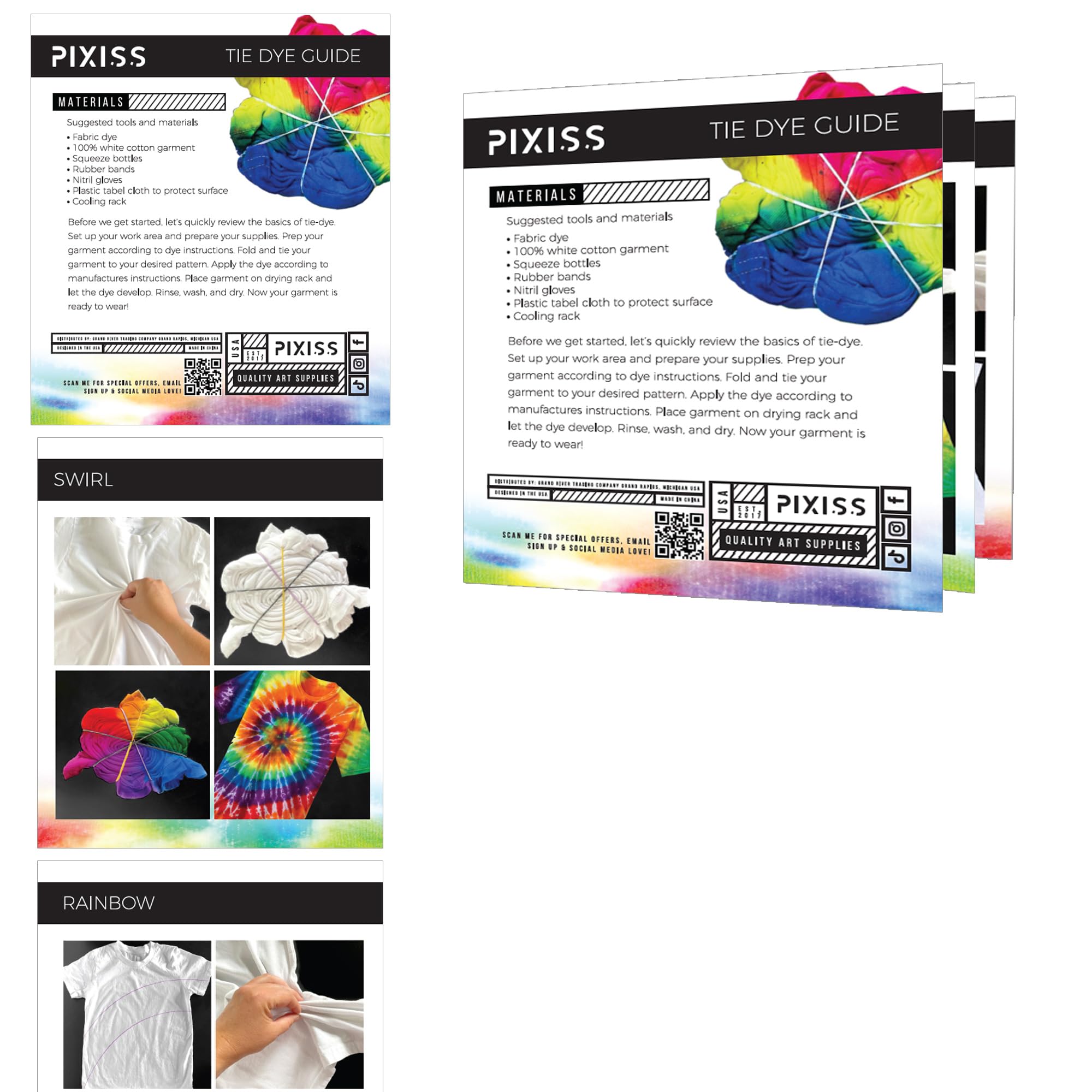 Pixiss Tie Dye 8oz Squeeze Bottles (6 Pack) with 2" Funnel - Precise Dispenser for Arts and Crafts - Perfect for Liquid or Powdered Dyes, Includes Basic Tie Dye Patterns Guide - Image 7