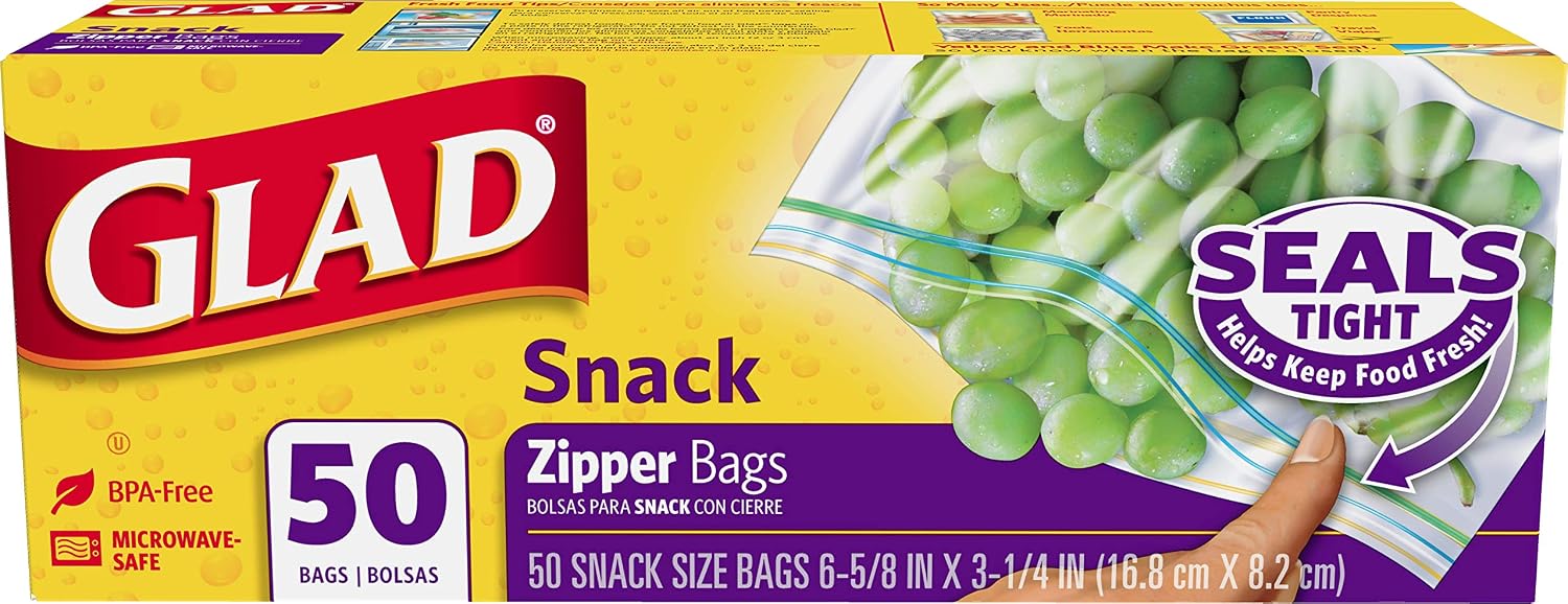 Glad Zipper Food Storage Plastic Bags, Snack, (Package May Vary), 50 Count
