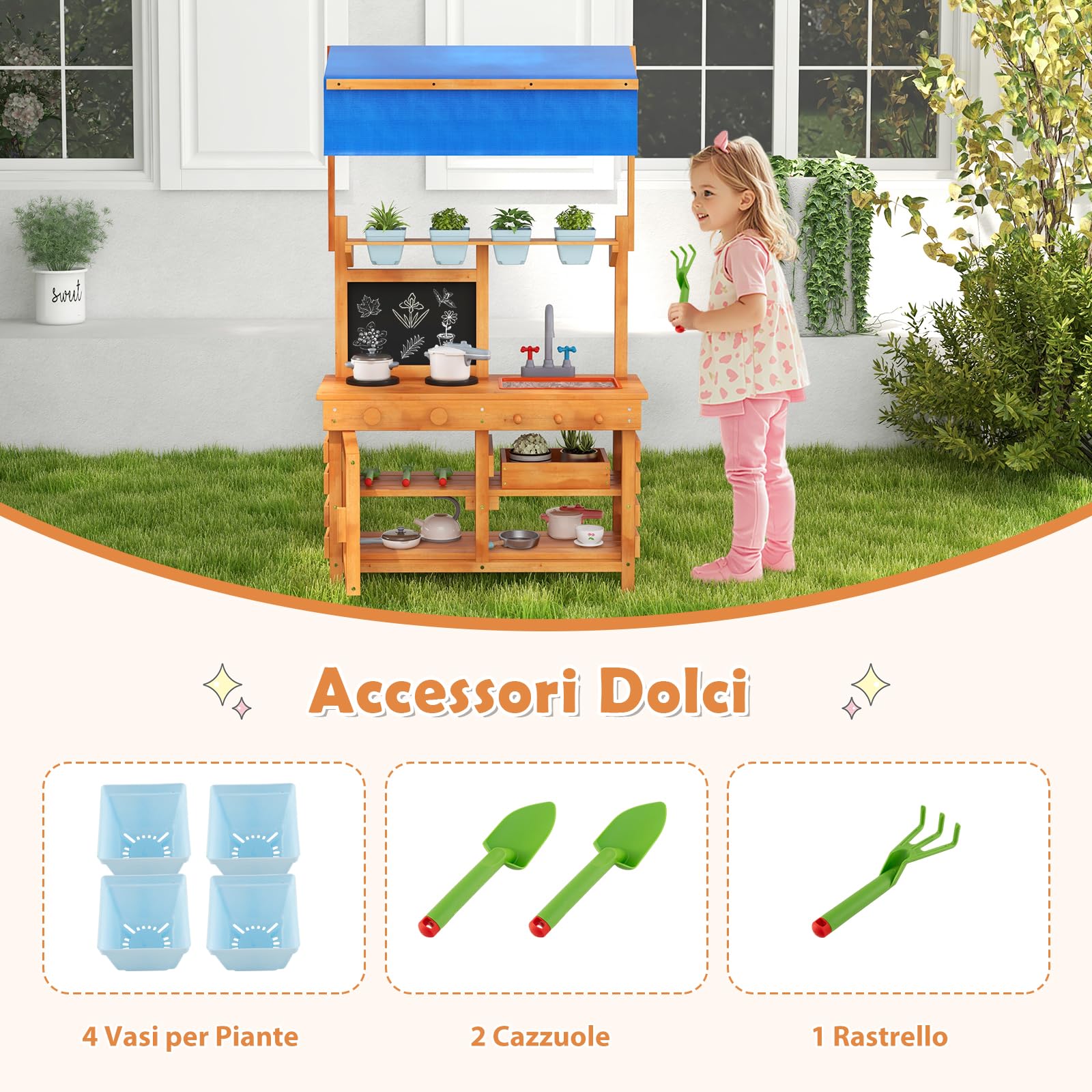 GYMAX Banco da Giardinaggio per Bambini, Cucina da Gioco in Legno con Tetto Regolabile, Lavello, 4 Vasi, Ripiano e Cassetto, Lavagna, Banco da Lavoro per Piantare, 136x77x56.5cm