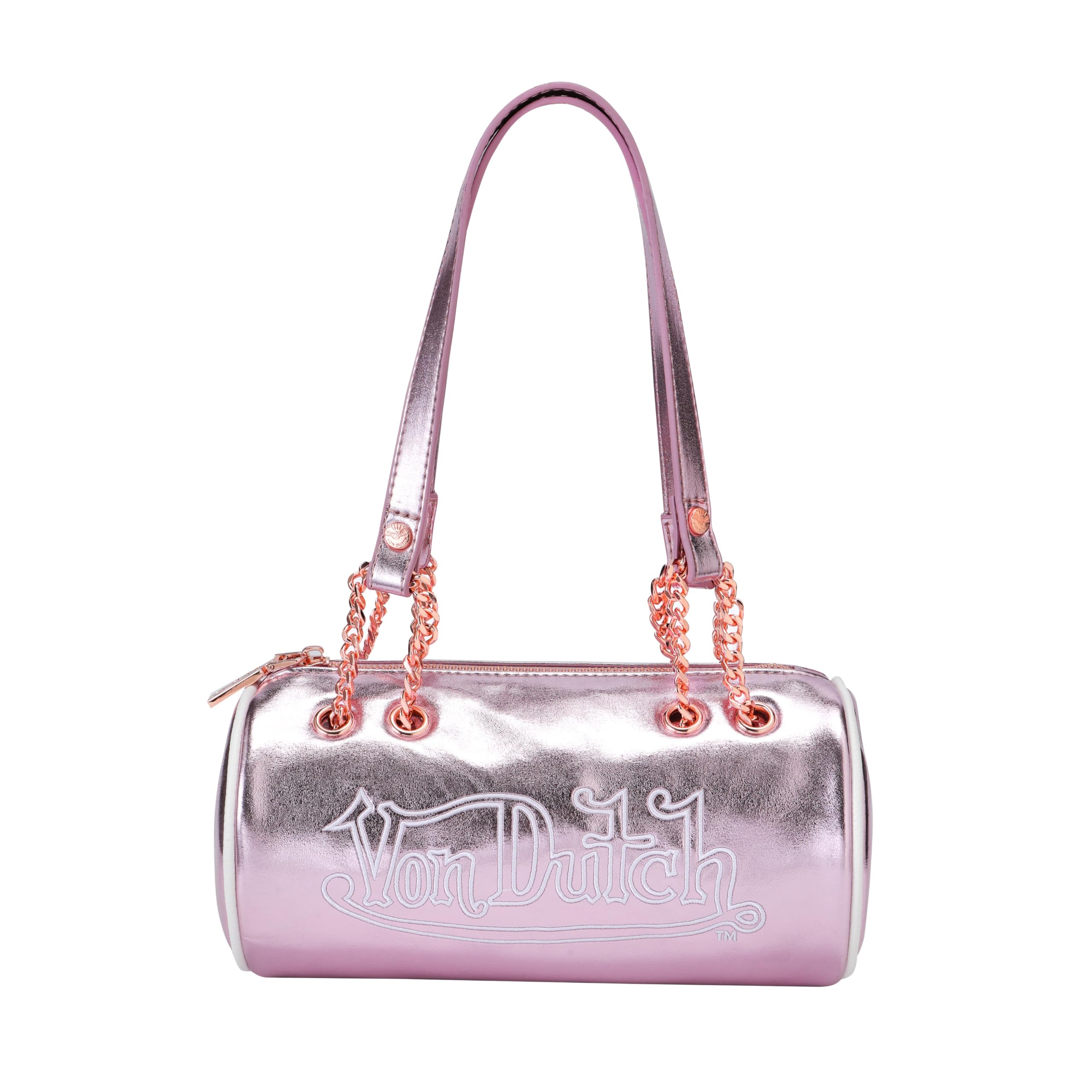 Von Dutch Barrel Bag, Pink Metallic, Vegan Leather Shoulder Bag