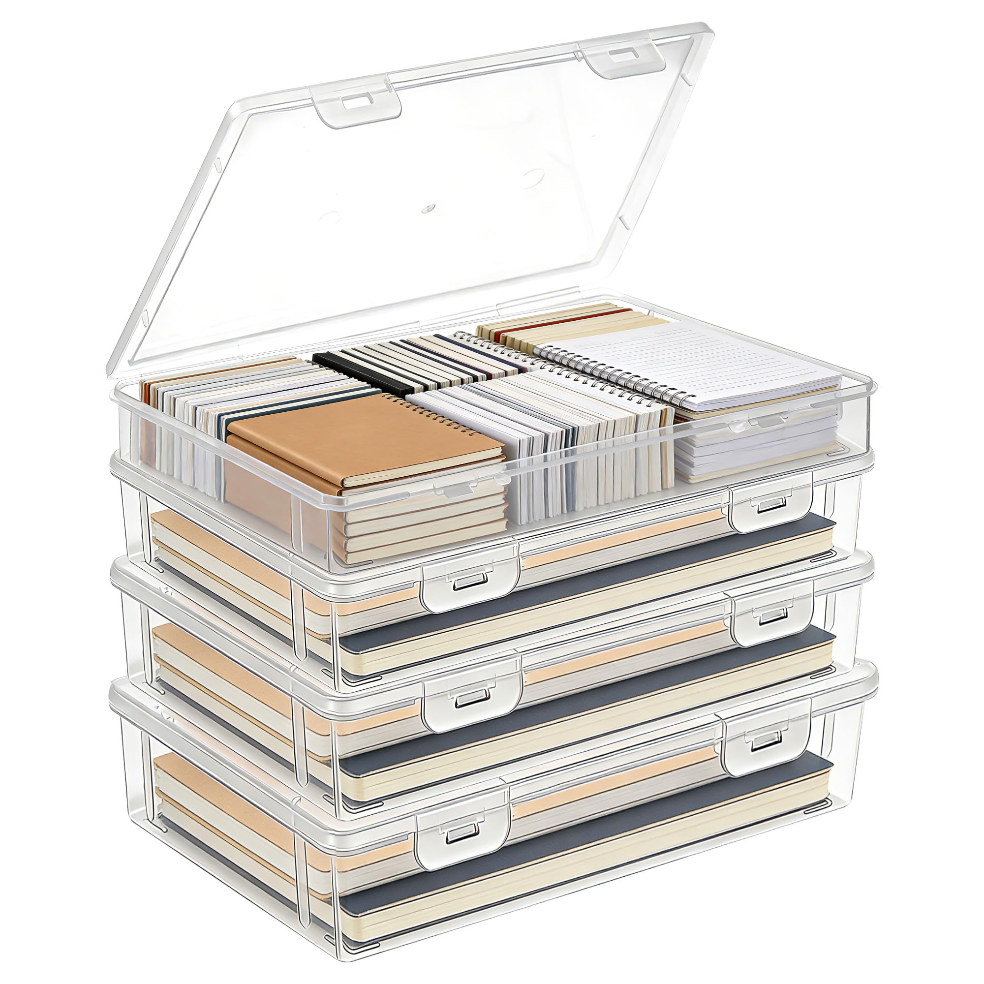 Zocipro 4-Pack A5 Clear Plastic Storage Boxes with Latching Lids – Stackable, for Documents, Magazines, Photos, Art Supplies (22x15.5x 5 cm)