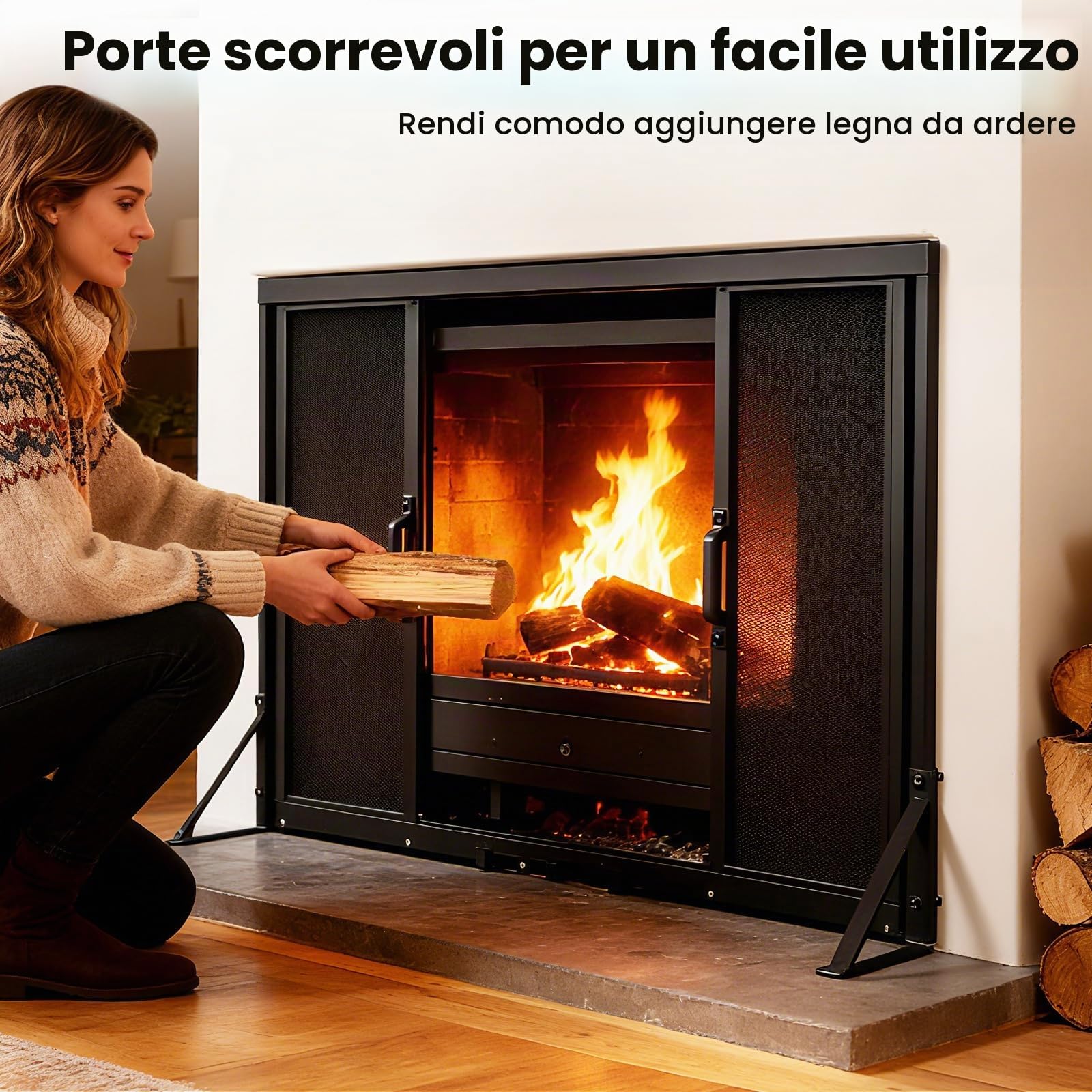 GIANTEX Schermo per Camino con Porte Scorrevoli in Metallo, Parascintille Protettivo 89 x 72/96 x 79 CM per Isolare Scintille e Cenere, Parascintille Camino con Supporto Triangolare (96 x 79 cm)