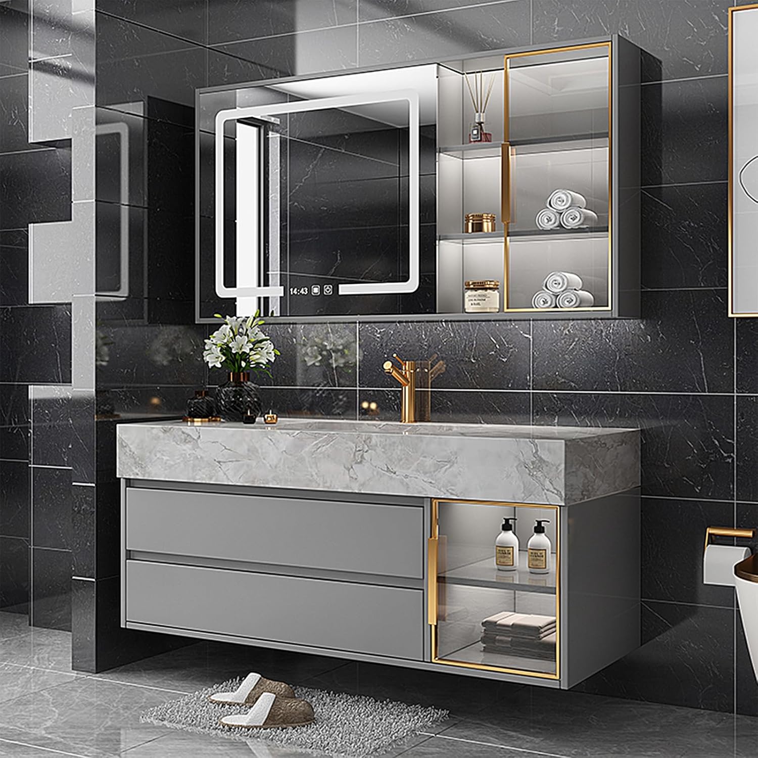 Bathroom Vanity - Floating Bathroom Vanity with Sink & Smart Defogger Mirror, Wall Mount Modern Vanities for Bathroom, Solid Wood Cabinet Set (40")