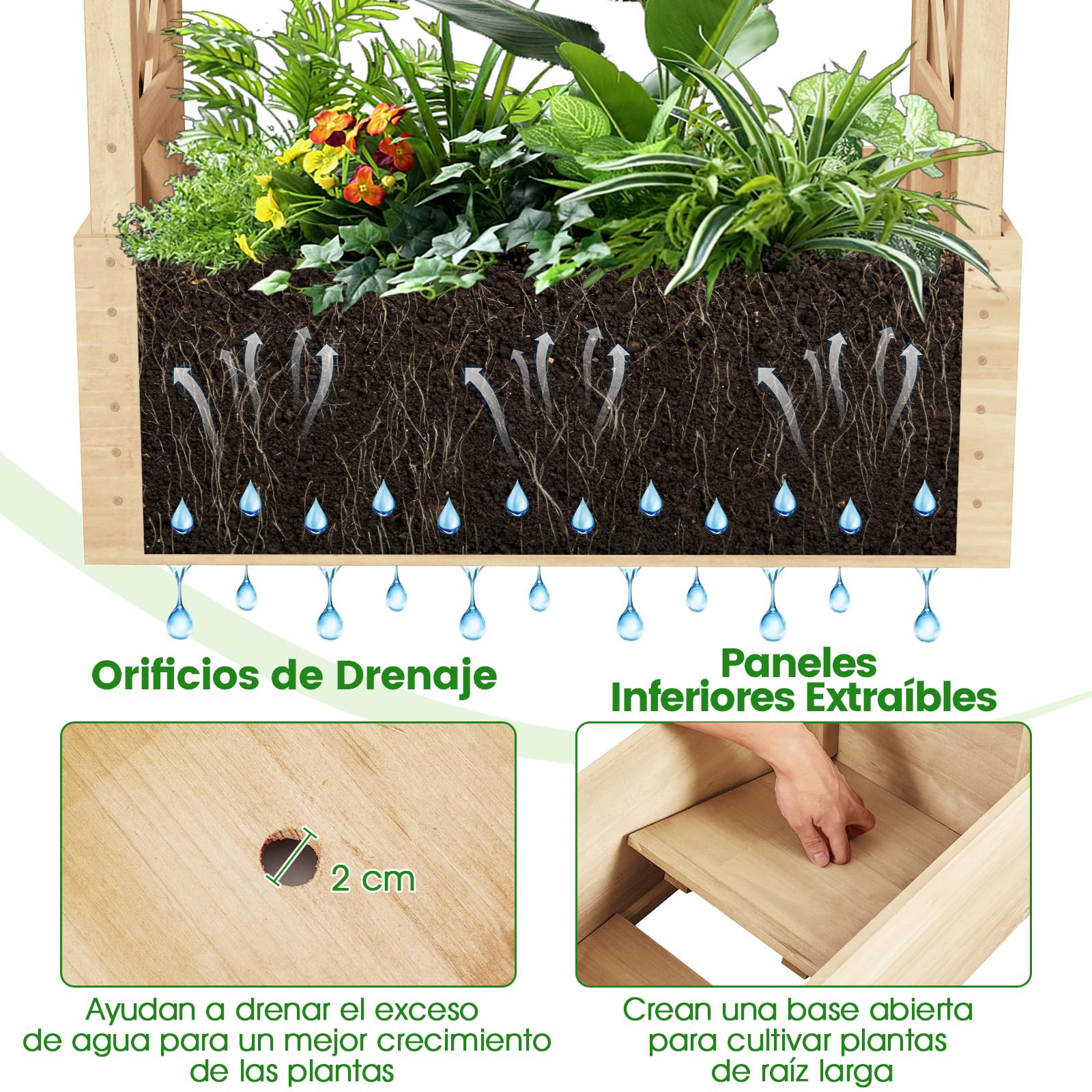 COSTWAY Cama de Jardín Elevada con Enrejado, Jardinera de Madera Independiente con Techo para Colgar, Agujeros de Drenaje para Plantas Trepadoras, Flores, Maceta de Plantación para Patio (Natural)