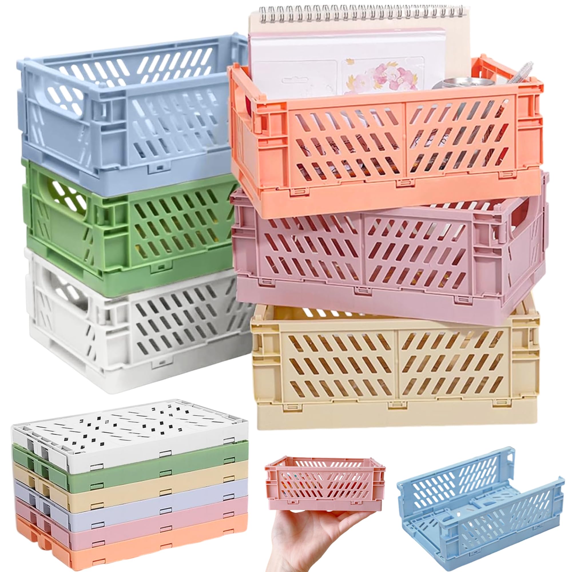 SUQ 6 Mini Cestas de Almacenamiento Plegables, Pequeñas Cestas de Almacenamiento Plegables de Plástico, Cocina, Baño, Oficina, Dormitorio, Aula, Armario, Cajón (15 x 10 x 5.8 cm)