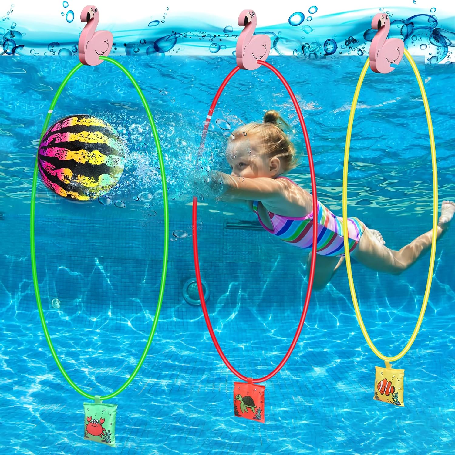 Pool Toys Games 3 Diving Through Swim Rings + 1 Underwater