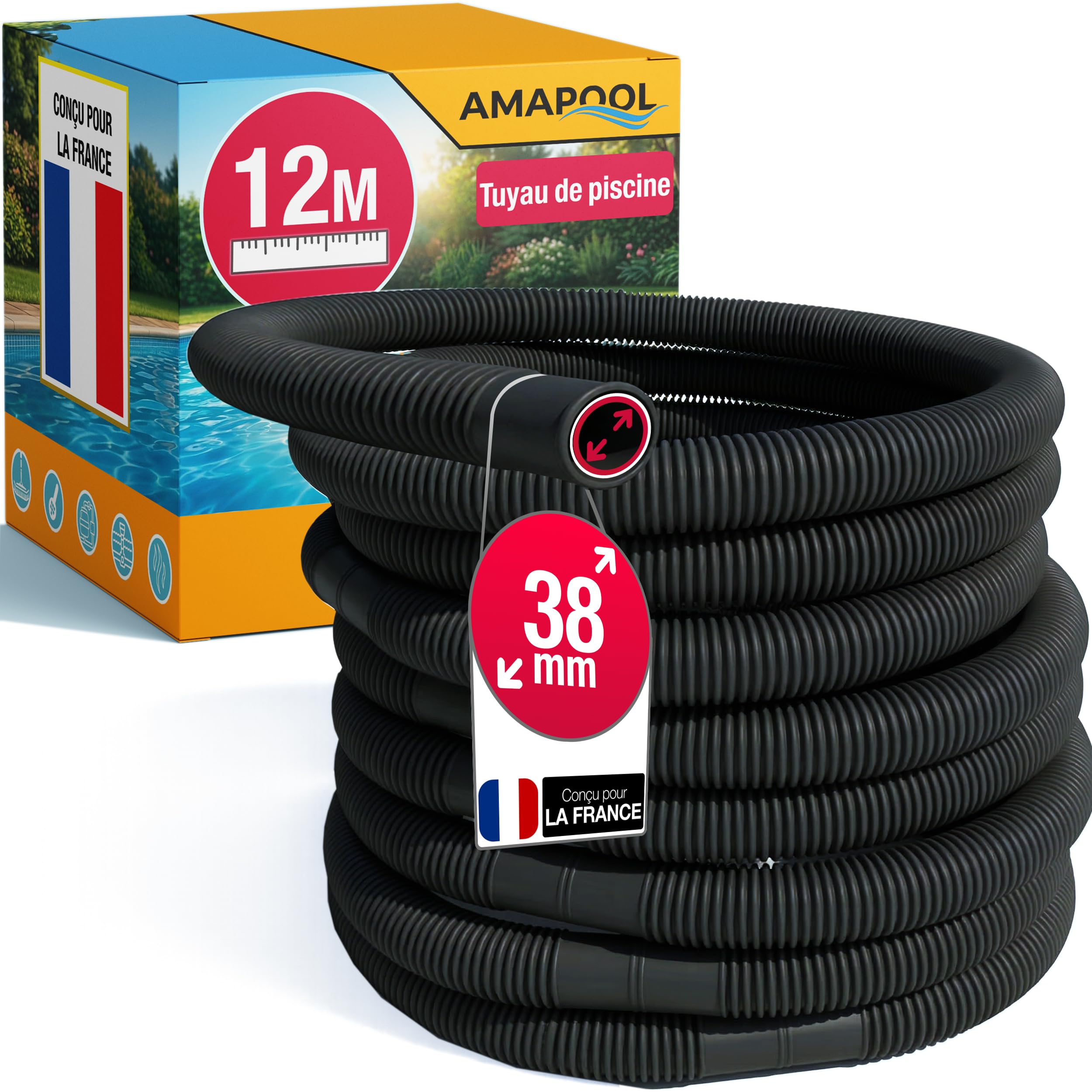 Amapool Tuyau de Piscine 38mm 12m Noir - Flexible pour Pompe et Filtre | Tuyau cannelé robuste pour skimmer et aspirateur, sécable tous les 1,5m, résistant aux UV et chlore, sans plastifiant