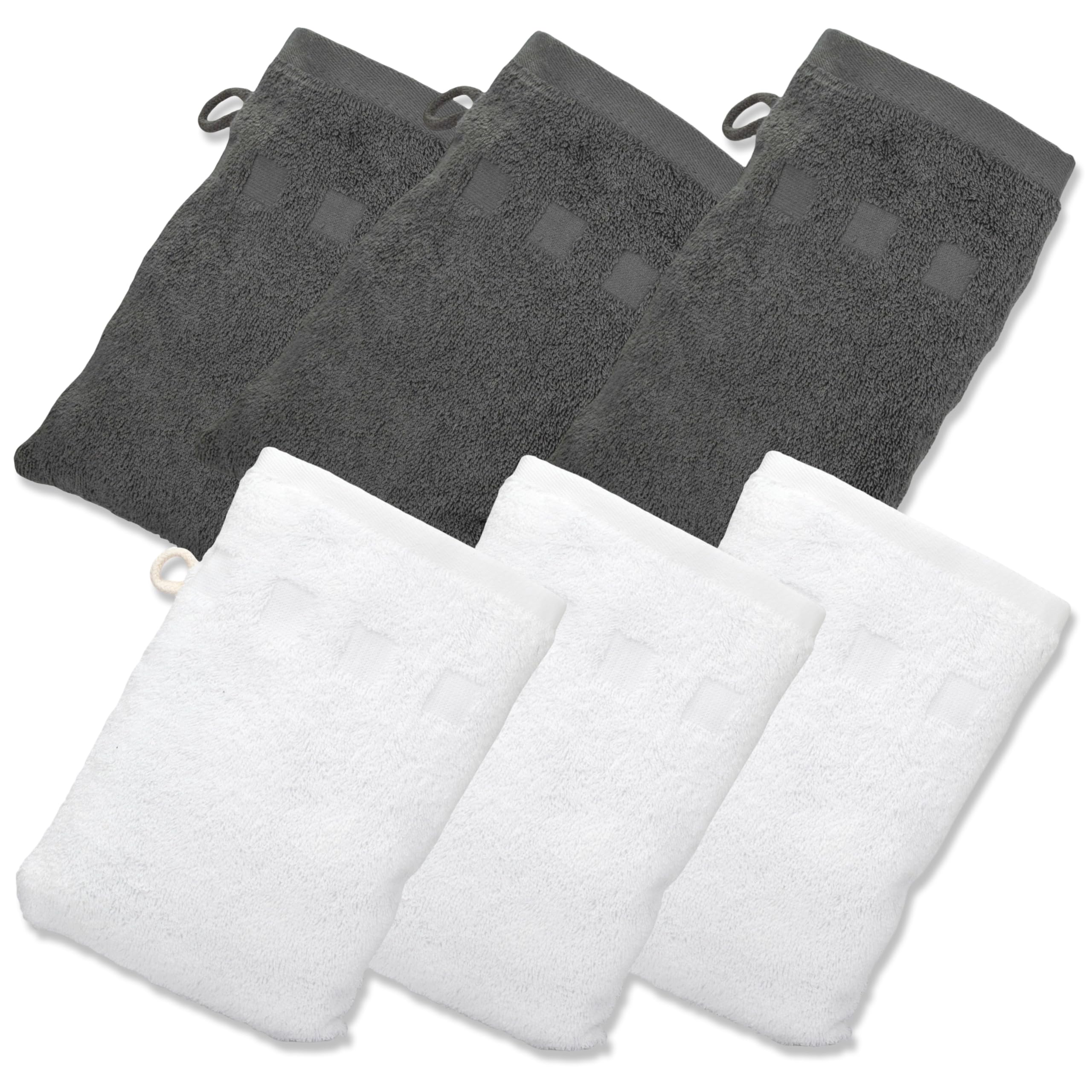 Made Easy Kit Bath Mitts - Pack of 6 - (6" x 9") European Style Washcloth with Loop (Charcoal White, 6 x 9 inches)