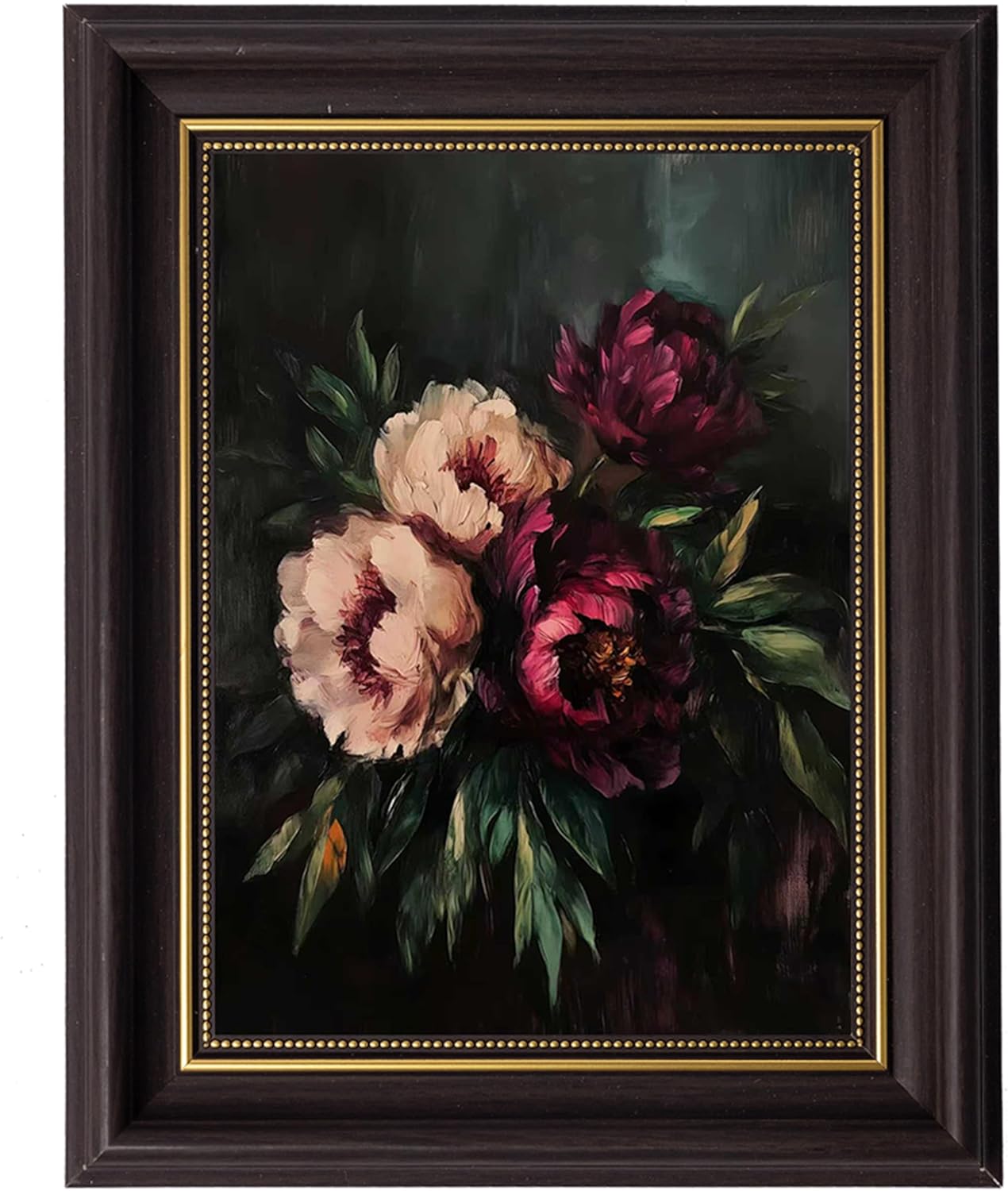 TEOVGKN Dark Academia Decor Framed Wall Art, Moody Vintage Floral Peony Pictures for Gothic Bathroom,Bedroom Living Room Decor Dark Brown Frame with Damage-Free Hanging (12x16in)