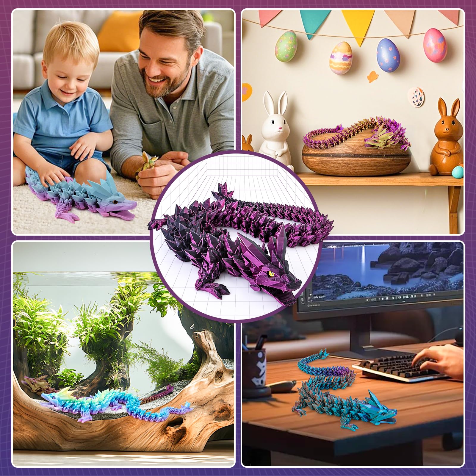 3D Printed Dragon Toys with Eyes, 24 inches Dazzling Gradient Crystal Wyrm, Bendable and Flexible Big Fidget - Image 4