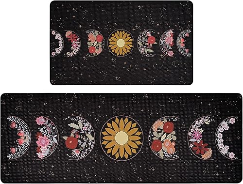 Miniatura 1 de Yinhua Tapetes de cocina de primavera, 2 piezas, diseño de flores de fase lunar para piso, antifatiga, tapetes de cocina acolchados florales, tapete