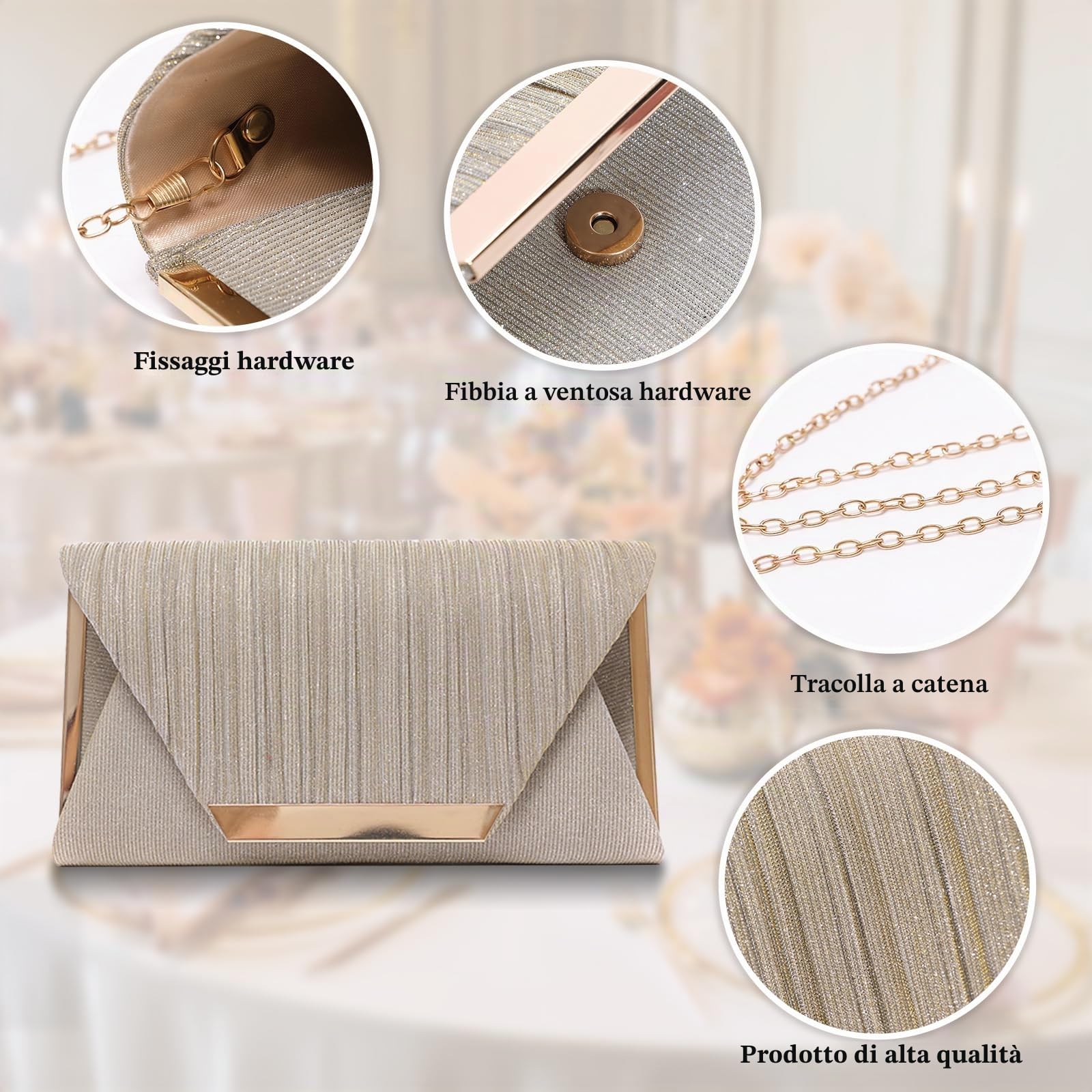 Clutch Bag con Paillettes Borsetta da Sera Donna Borsa Sposa Bling Borsa a Spalla Pochette Piccolo con Catena Elegante Borse Messenger Borsa a Tracolla per Cerimonia Festa Ballo Cocktail Oro