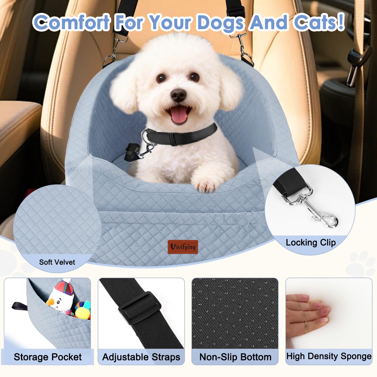 Vivifying Asiento de coche para perros pequeños y medianos, asiento para perros lavable con correa de seguridad y bolsillos de almacenamiento, asiento elevado para el asiento delantero y trasero, gris