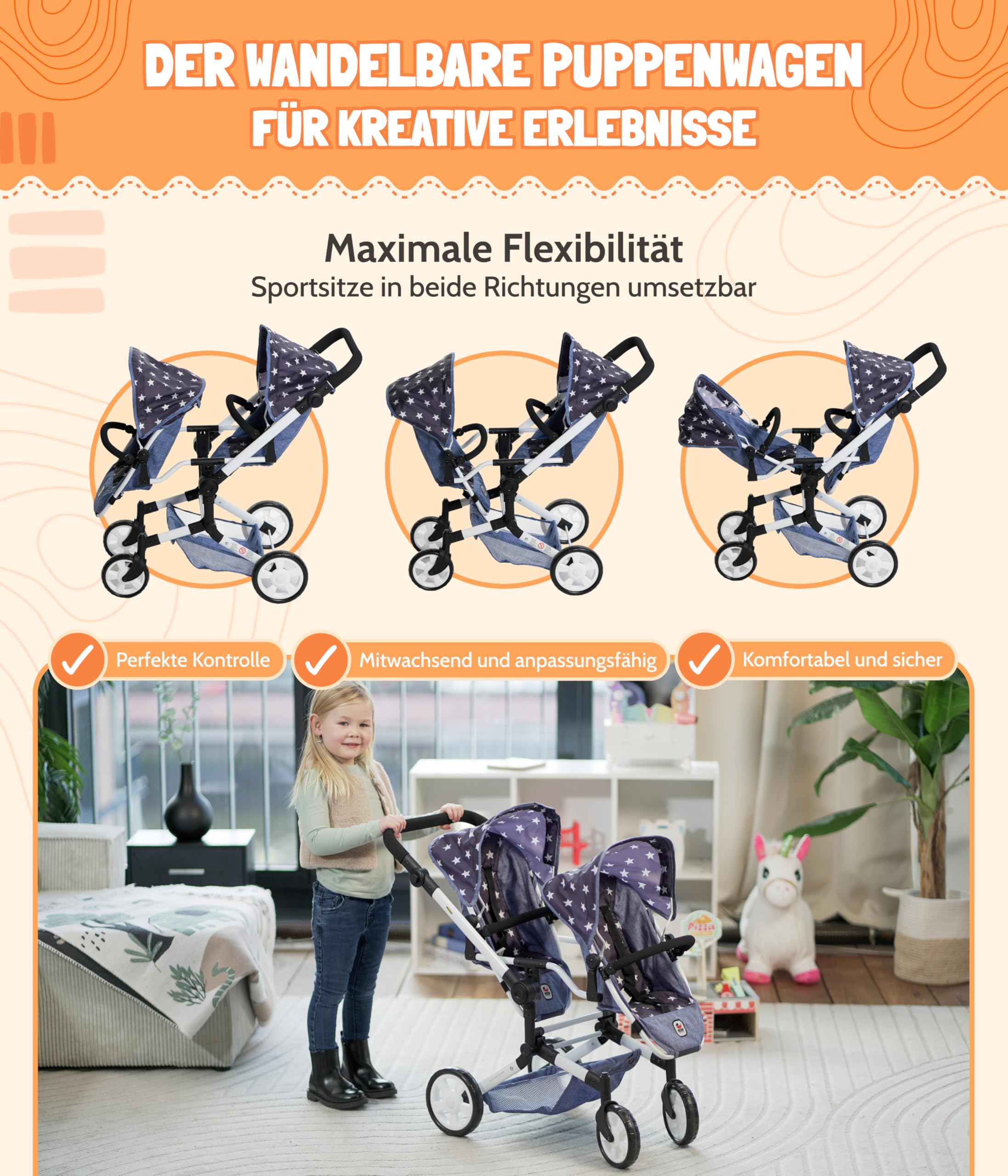 Bayer Chic 2000 - Passeggino per bambole Linus Duo, passeggino gemellare per bambini dai 4 agli 8 anni, grigio melange, rosa, 690-15