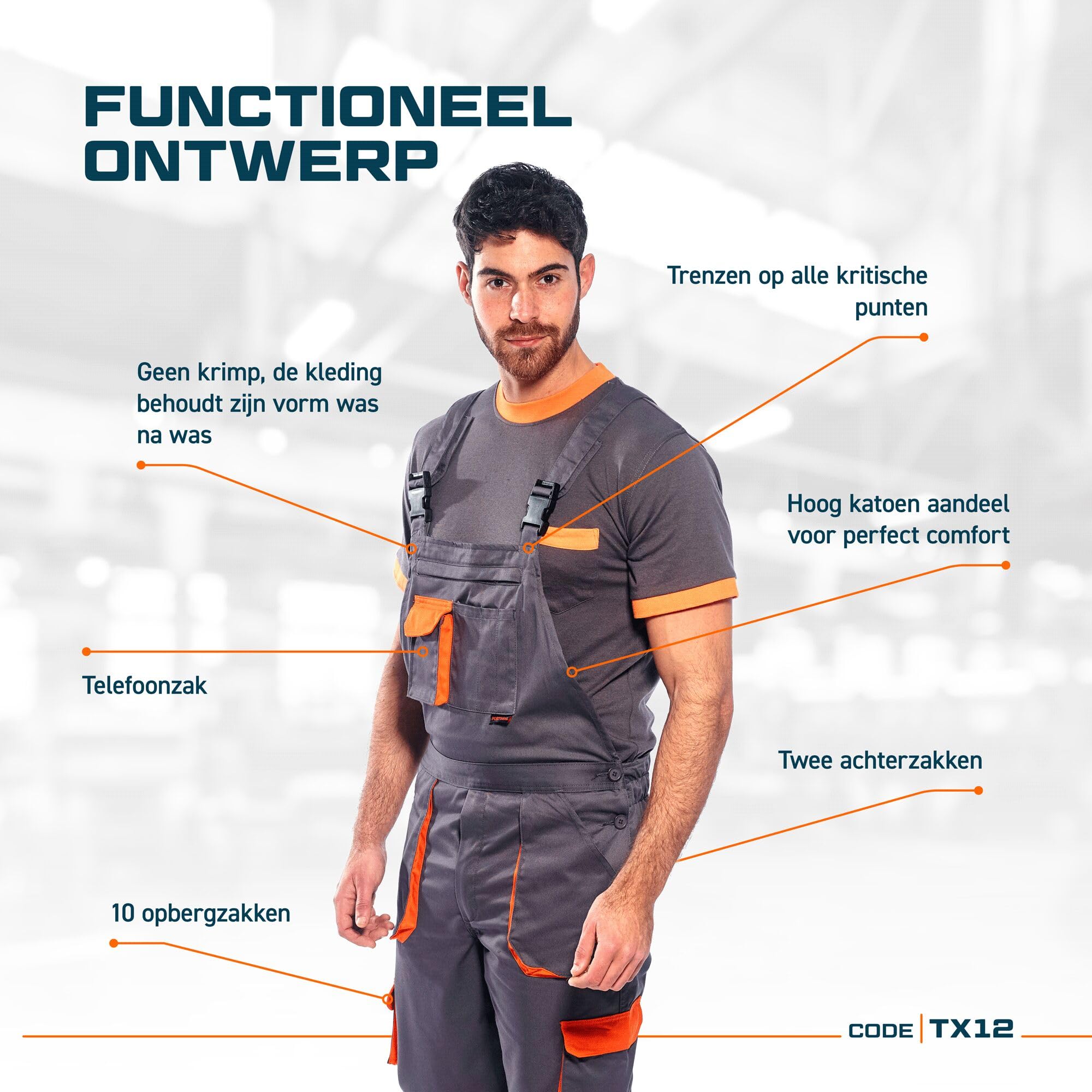 Portwest TX12 Heren Texo Contrast Bib en Brace Werkoverall Grijs Tall, XXL