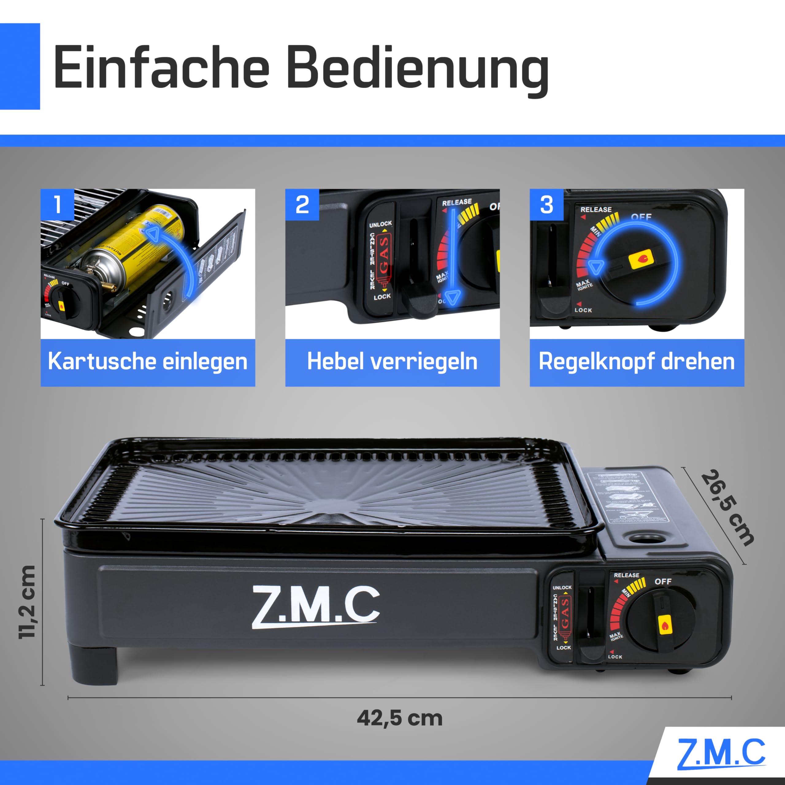 Z.M.C Réchaud de camping et grille à gaz 2 en 1, inclut accessoires pour barbecue et mallette + 12 cartouches de gaz MSF-1a de 227 g, réchaud à gaz de 2,2 kW avec connexion LPG pour camping