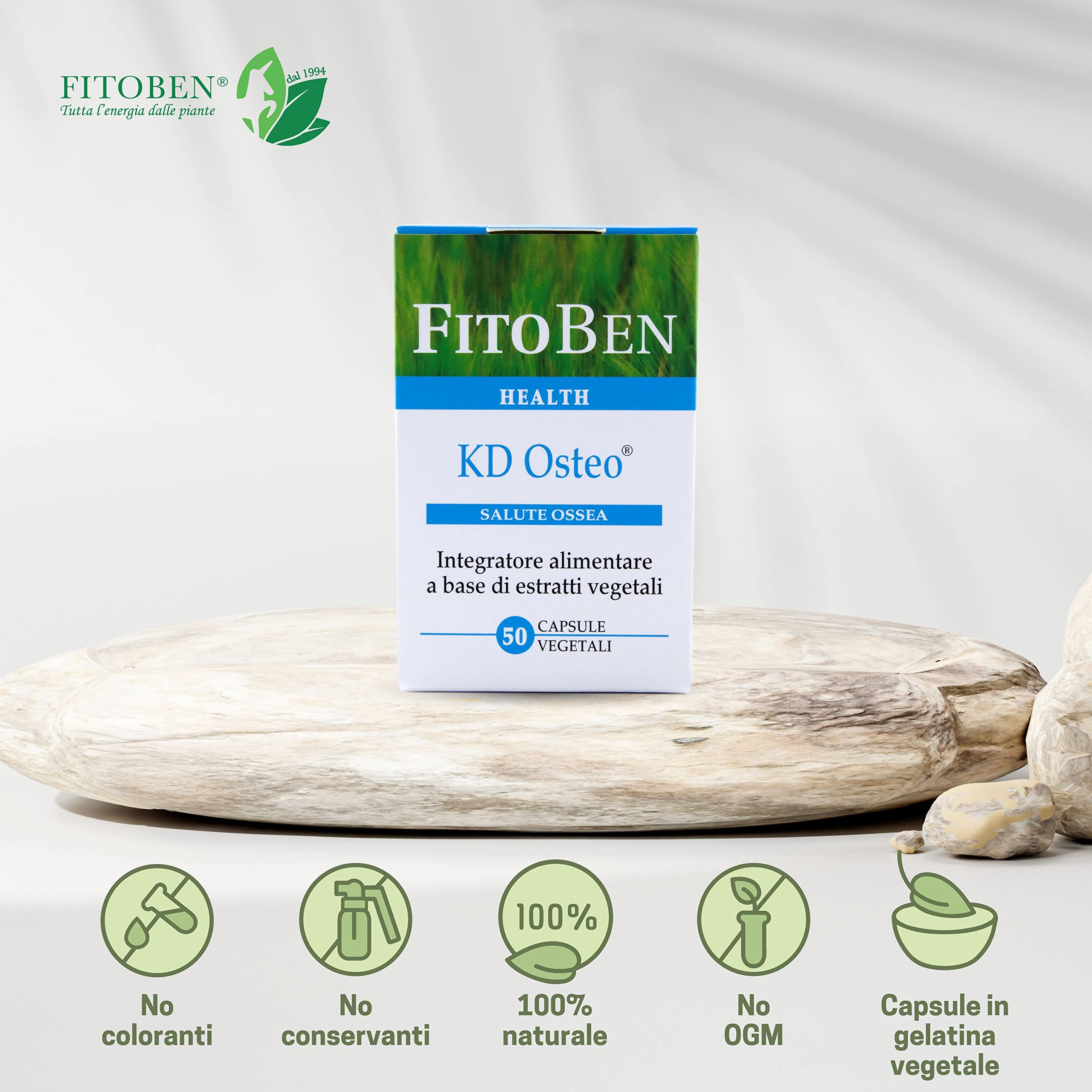 Fitoben | Kd Osteo Integratore Alimentare 100% di Origine Naturale con Vitamine D3 e K2, Boro ed Equiseto per Ossa Fragili, 50 Capsule Vegetali