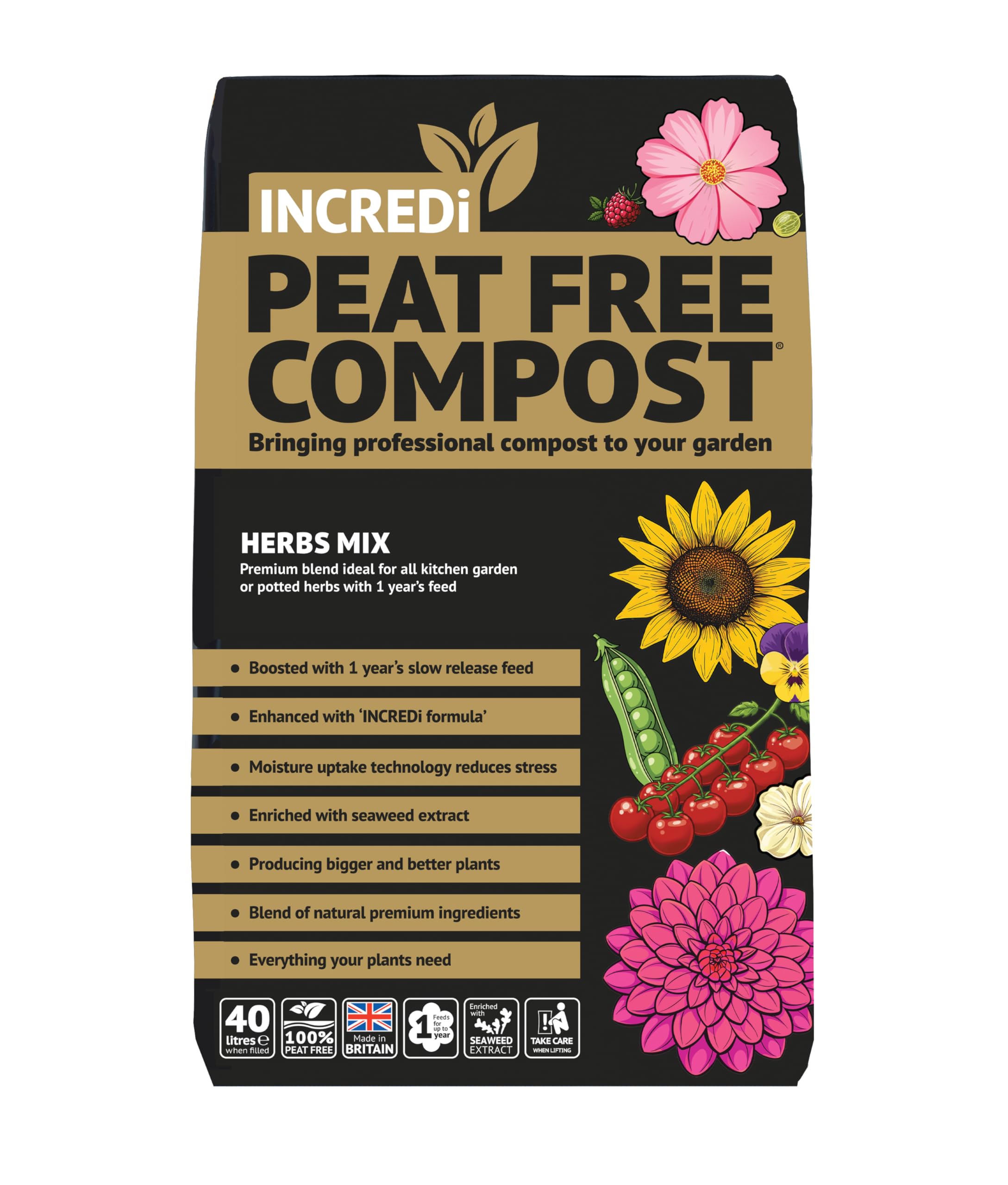 INCREDiPeatFree Premium Herb Compost 40 Litre Peat Free Garden Soil with 120g Incredicrop Slow-Release Nutrients Made in Britain