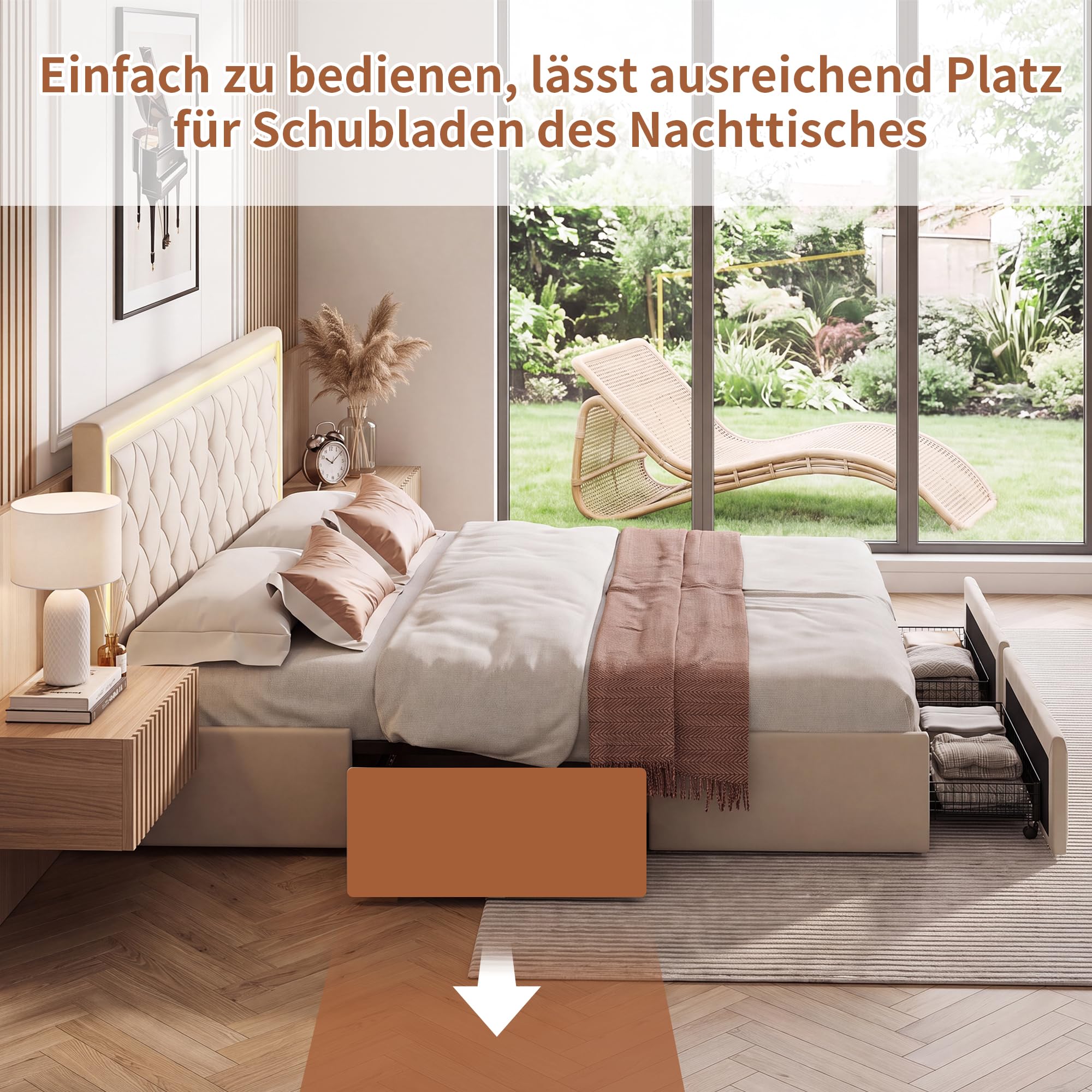 BRILVERDE Cama tapizada 140x200 con Almacenamiento, LED, Cama Doble con cabecero Ajustable, con 4 cajones, Cama Juvenil con Base de Láminas, para Adultos, PU (Beige, 140 x 200 cm)