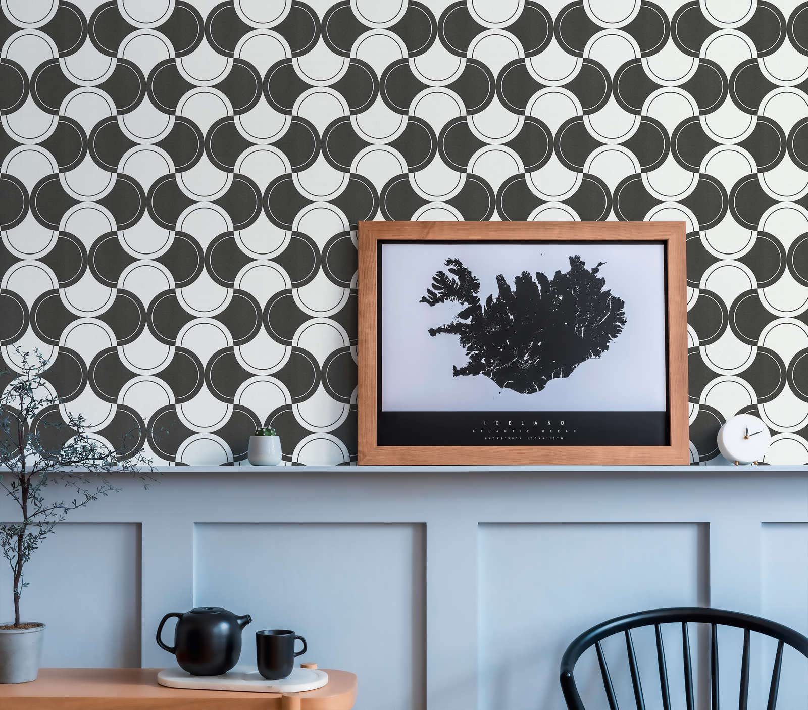 Tapeta w stylu retro w stylu lat 70., tapeta na fizelinie czarno-biała, geometryczny wzór koła | 10,05 x 0,53 m