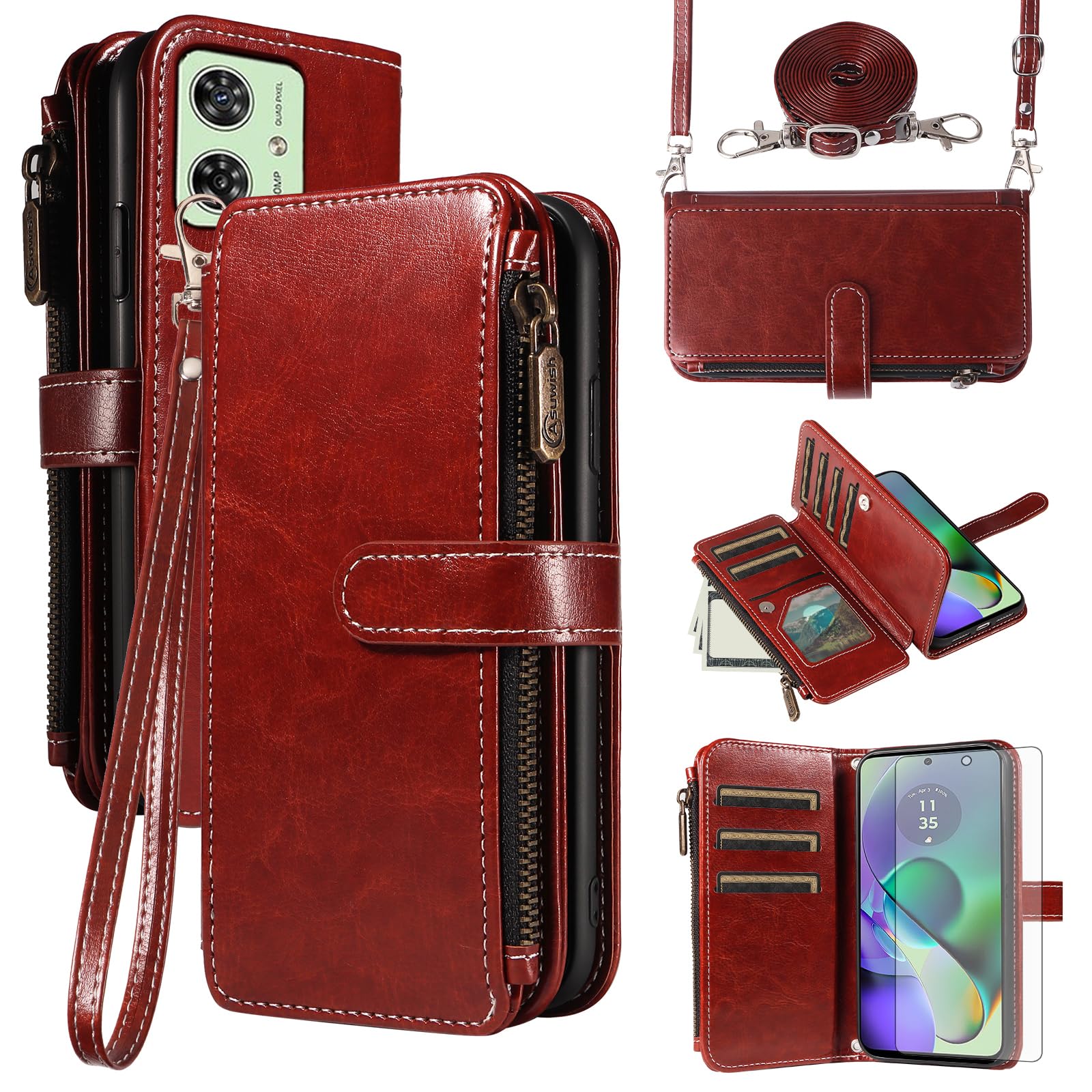 Asuwish Handyhülle für Motorola Moto G54 5G Hülle mit Band Folie Schutzfolie Kartenfach Klappbar Leder Geldbörse Ständer G 54 54G XT2343-2 Handy Hüllen Schutzhülle Reißverschluss Phone Case Braun