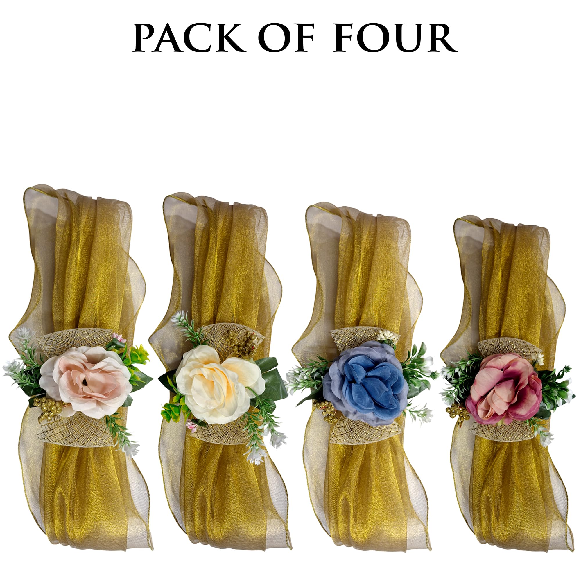 WRAPPING STUDIO One Meter Each Net Band Set of 4 with Artificial Floral Embellishments for Gift Packing, Decoration, Gifting, Trousseau Packing, Hampers (Golden) 4