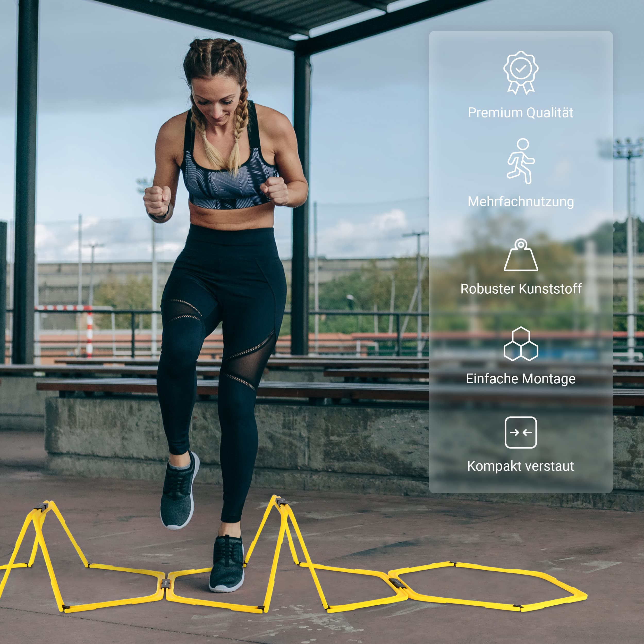 MSPORTS Koordinationsleiter Premium Multifunktional, 6X Hexagon-Elemente als Agility-Leiter u. Hürden kombinierbar Trainingsleiter Fußball Koordinationstraining Leiter