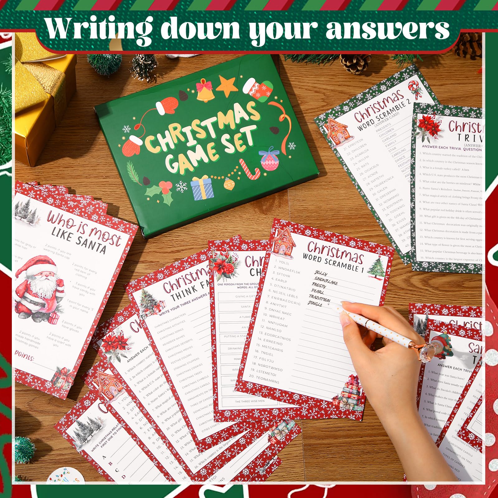Fullhawl 124 Stück Weihnachts-Quiz-Spielkarten für Familie mit 102 Quiz-Antwortkarten, 2 Spiel-Summern, 20 Weihnachtsstiften, Erwachsenengruppe, Weihnachtsfest, Ratespiele, Urlaub, Partyzubehör