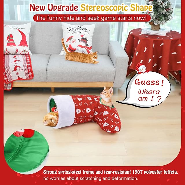 Foto 5 de 7 de Pawaboo Tubo Plegable Mascotas, Túnel para Gatos de Calcetín de Navidad, Juguete Túnel para Gatos