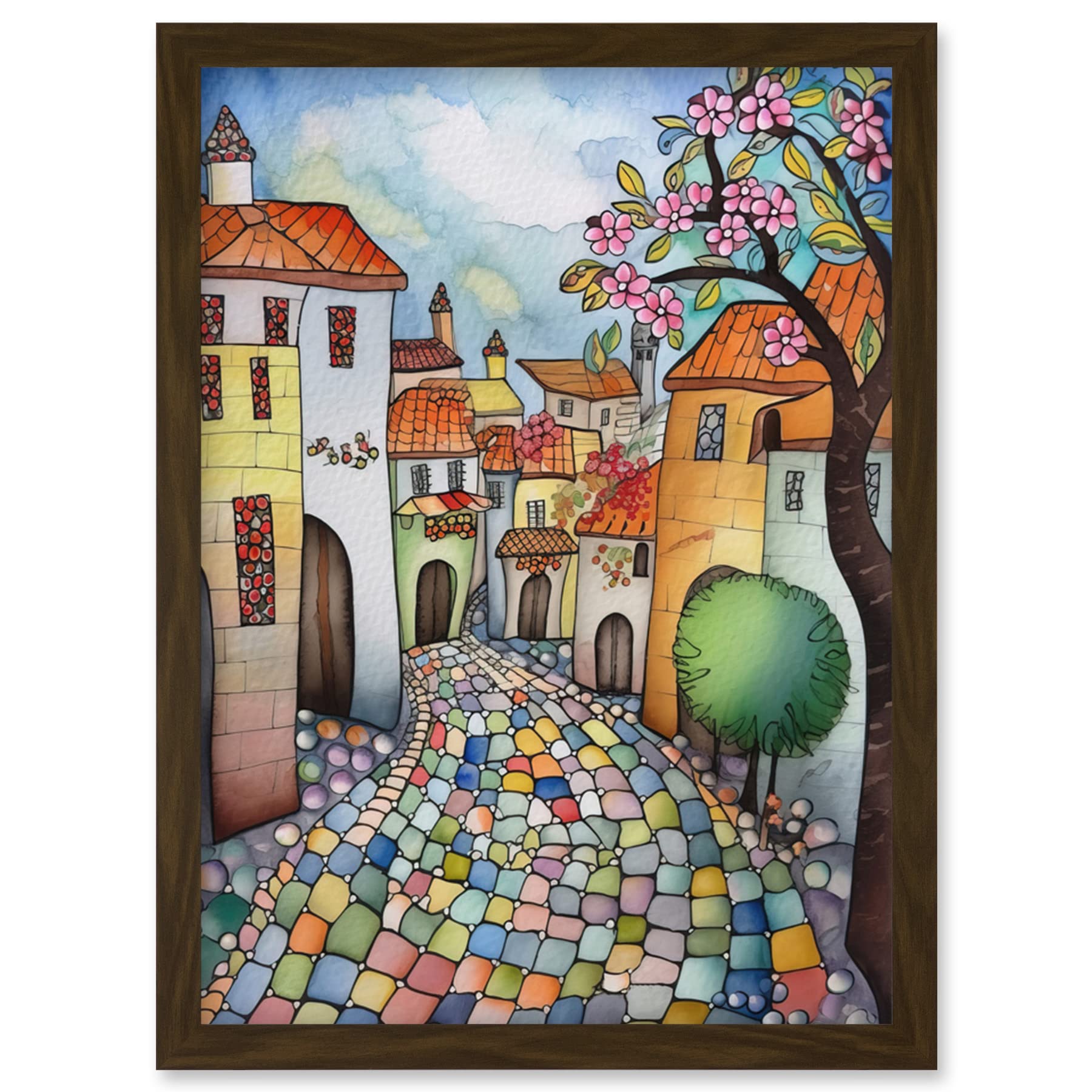 Artery8 Village Cobbled Street Cherry Blossom Folk Art Artwork Framed Wall Art Print A4