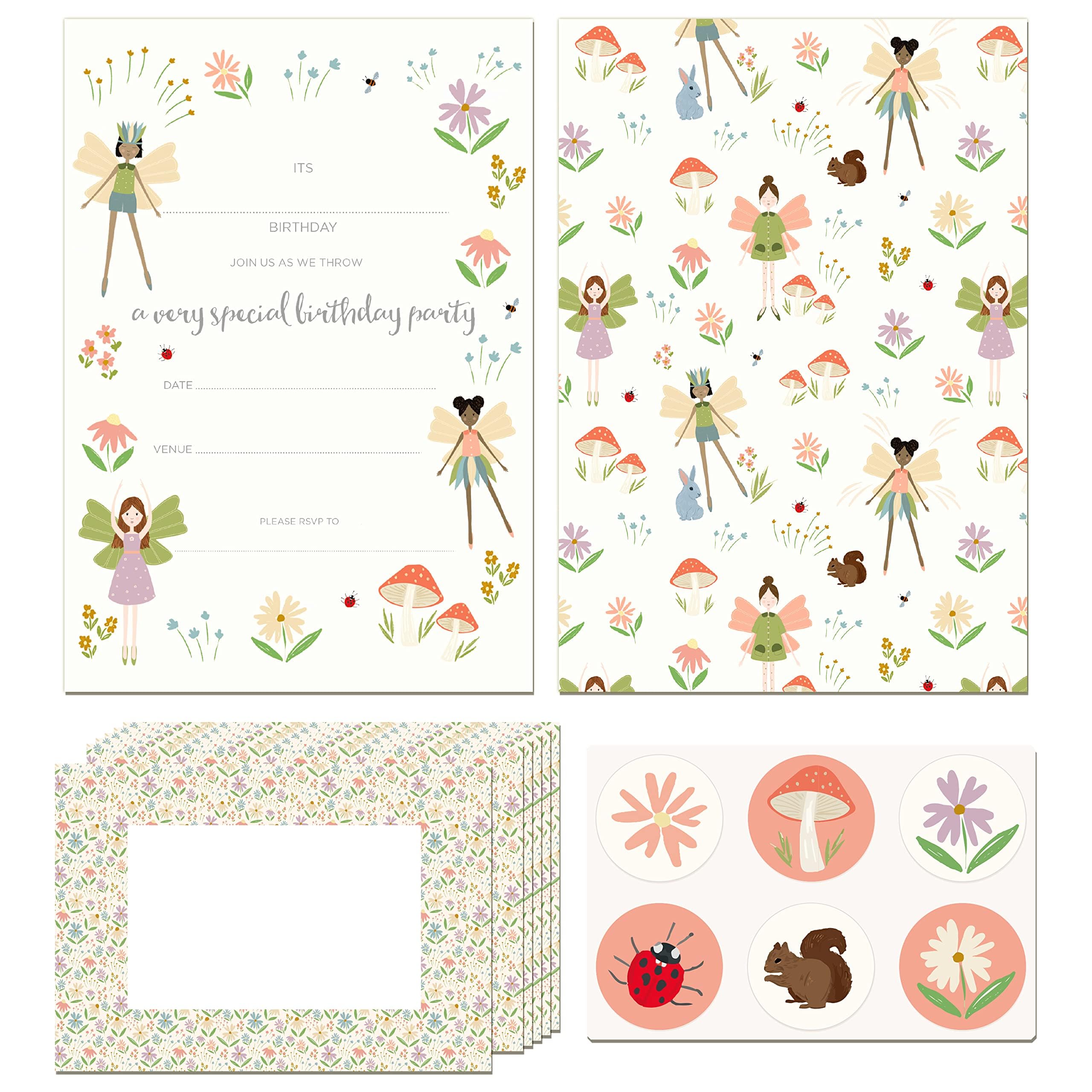 Cheerland Pastel Woodland Fairy Theme Invitation Card Envelope Stickers Girls Enchanted Party Decorations Forest Garland Theme Birthday Invites for