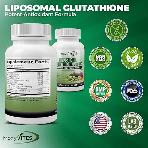 Miniatura 6 de Suplemento de glutatión liposomal de 500 mg  L glutatión puro (GSH) reducido  Forma activa, hecho con alimentos integrales orgánicos, complejo de