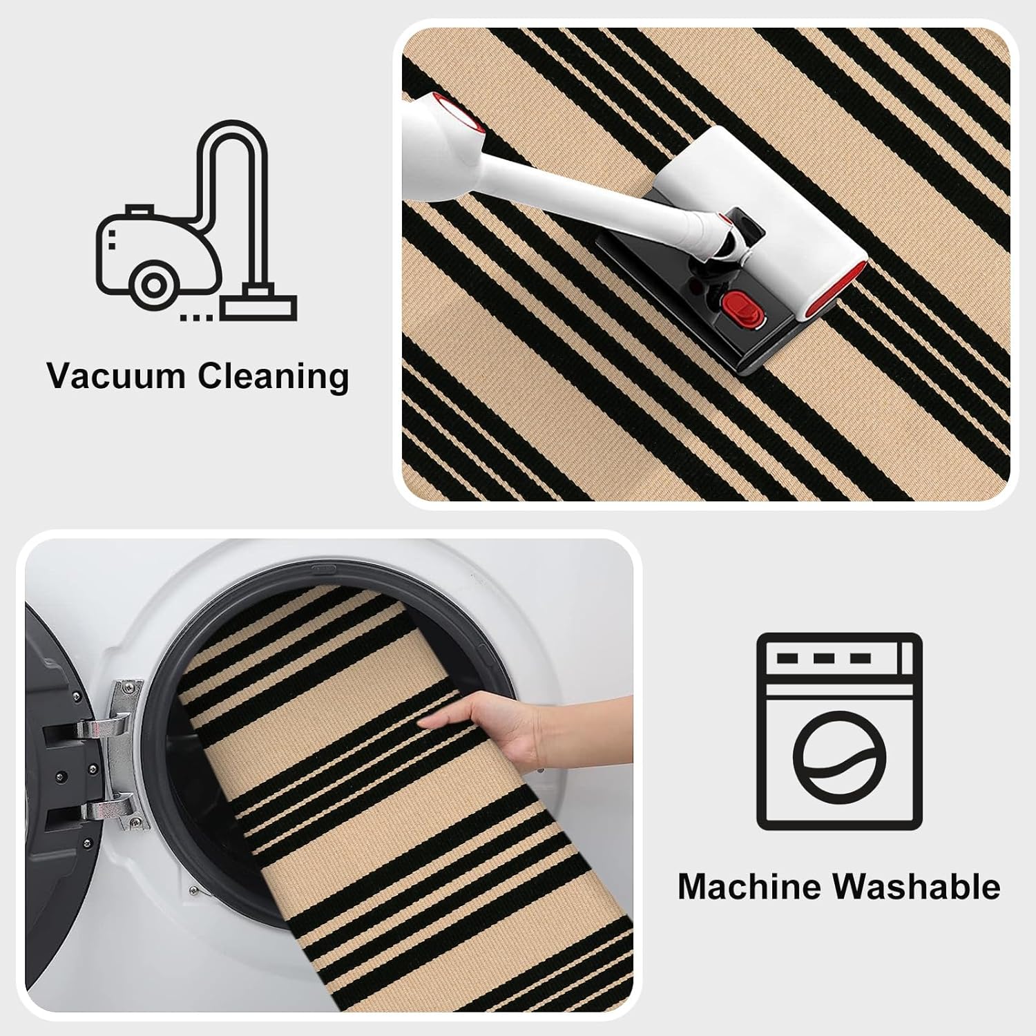 KIMODE Fall Front Door Mat 24x51, Black and Khaki Striped Layered Door Mat Outdoor, Washable Farmhouse Front Porch Rug Halloween Thanksgiving Decorations, Cotton Hand Woven Entryway Rug