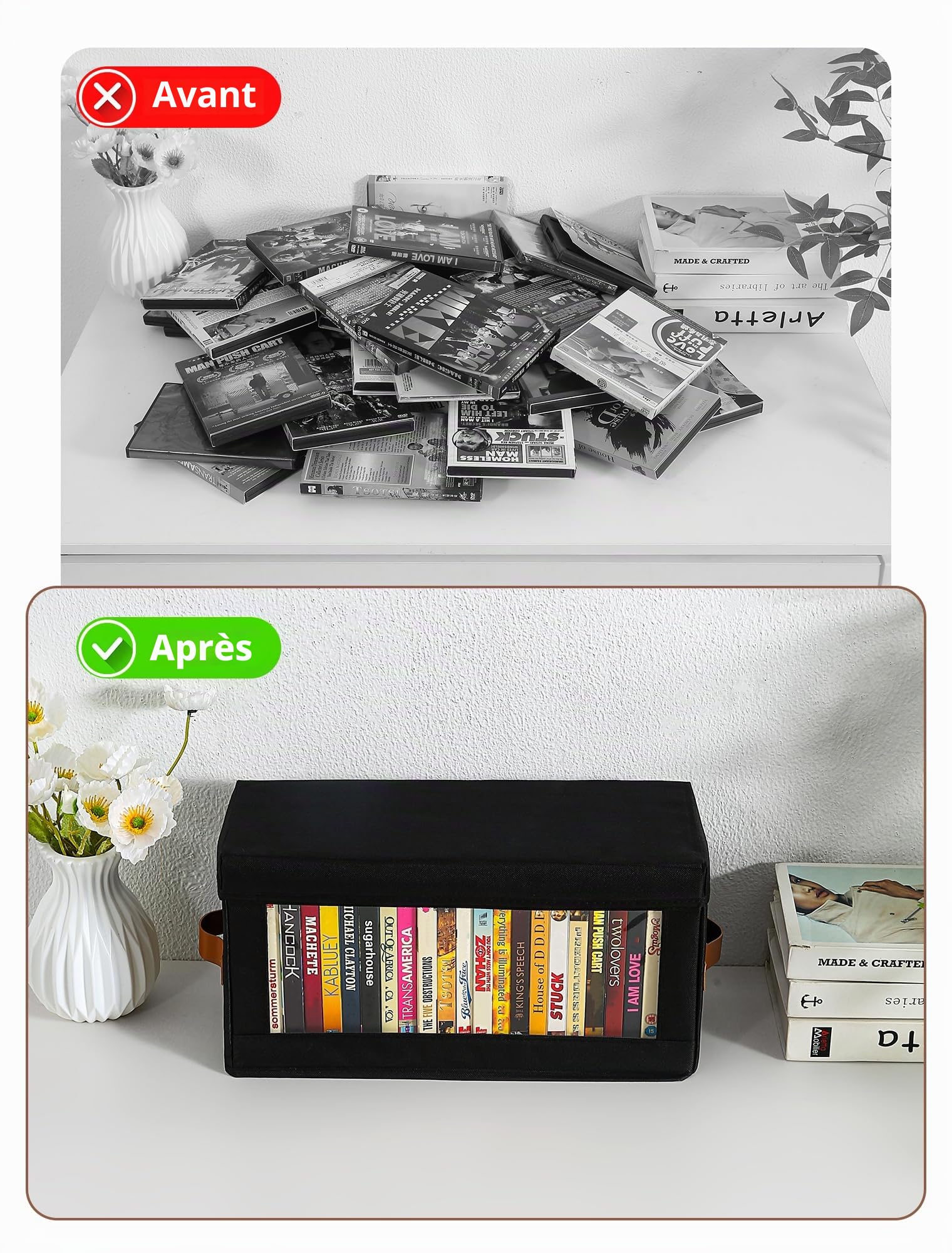 4 Packs de boîtes de rangement pour DVD avec fenêtre visible, boîtier de rangement pour DVD étanche avec couvercle et poignées, peut contenir jusqu'à 104 boîtiers, support pour CD pour le