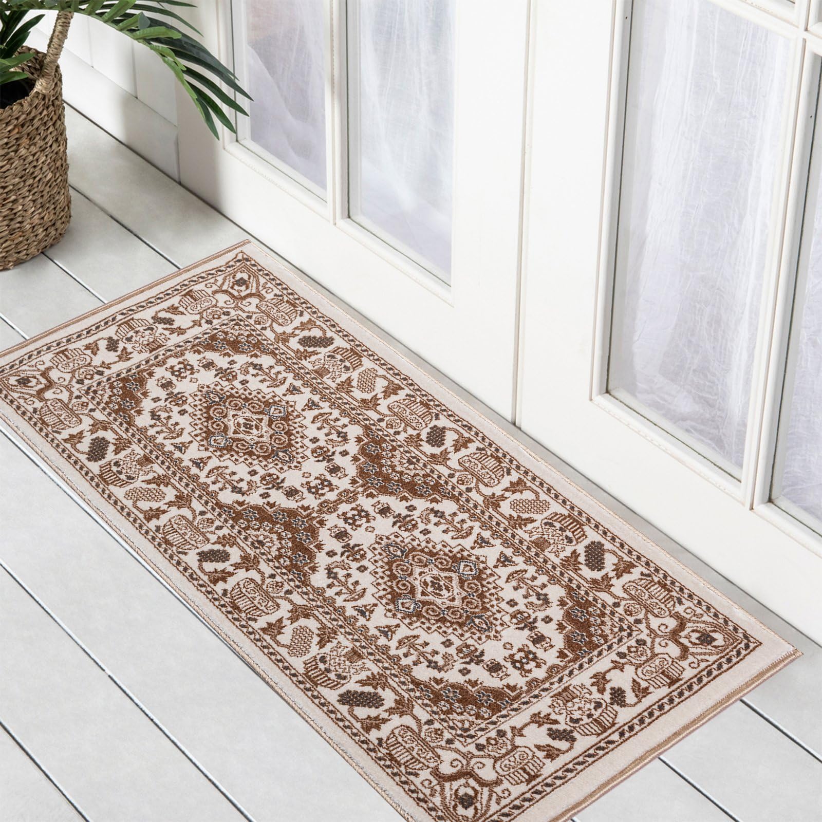renoazul® Indoor Mats For Front Door With Jute Back, Traditional Rug - Zinat 60 x 110 cm Cream - Washable Rugs For Kitchen, Corridor and Welcome Mat — image 1