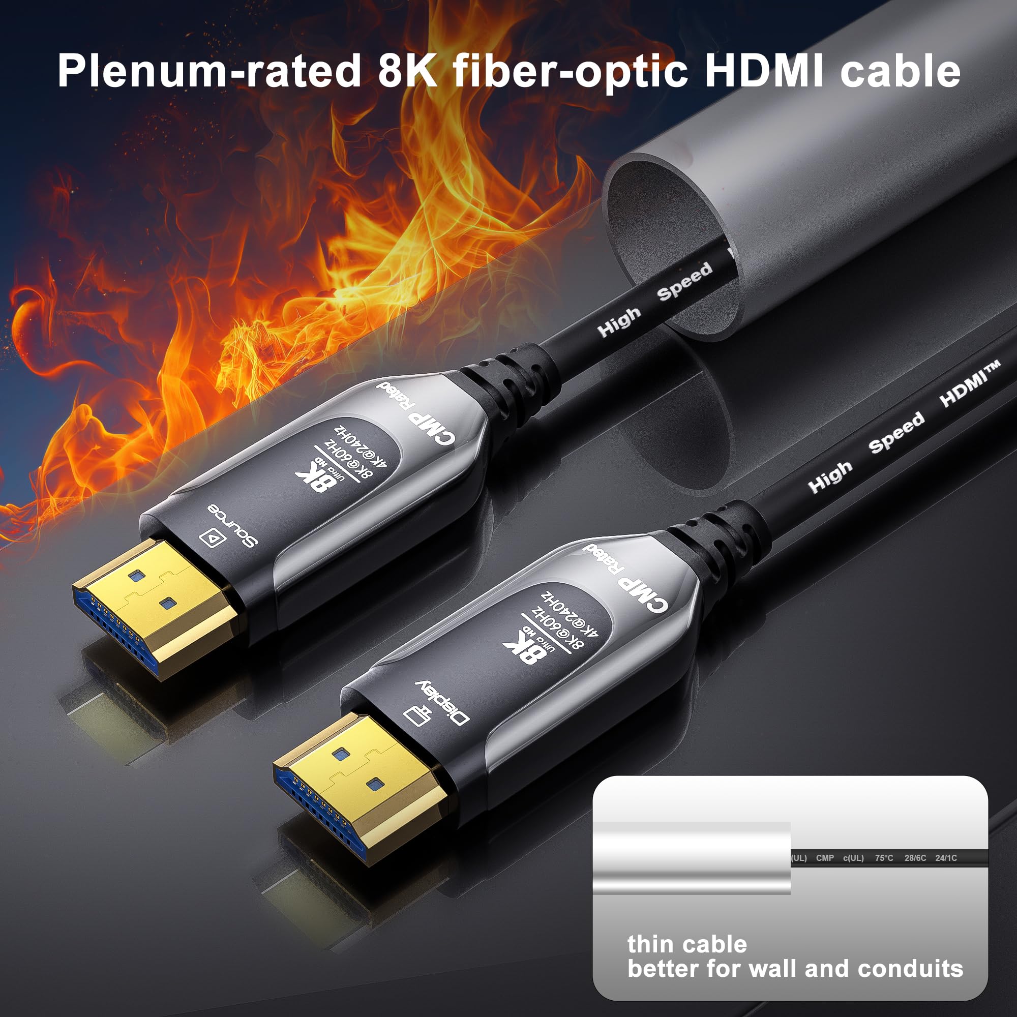 Cavo a fibra ottica HDMI 2.1 nominale Plenum (CMP) 50FT-8K 48Gbps | Cavi Plenum-Rated per tubi, supporta 8K@60Hz e 4K @240Hz, HDR dinamico, per PS5, Xbox Series X/S, TV, monitor