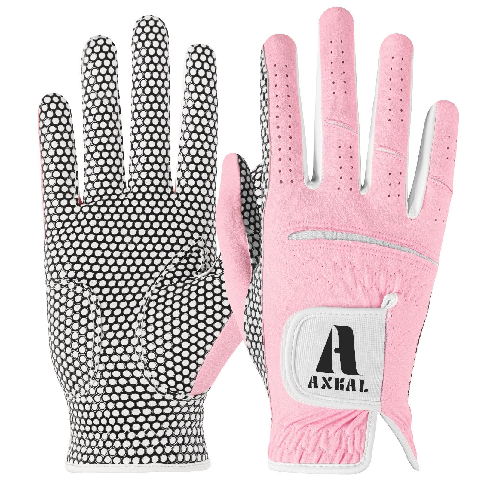 AXKAL Women Golf Gloves Enhanced Grip Comfortable 1 Pack Right Left Hand, Breathable Durable Hot Wet All-Weather Soft Ladies Golf Gloves Purple Pink for Sizes S M ML L XL (Pink, L, Right)