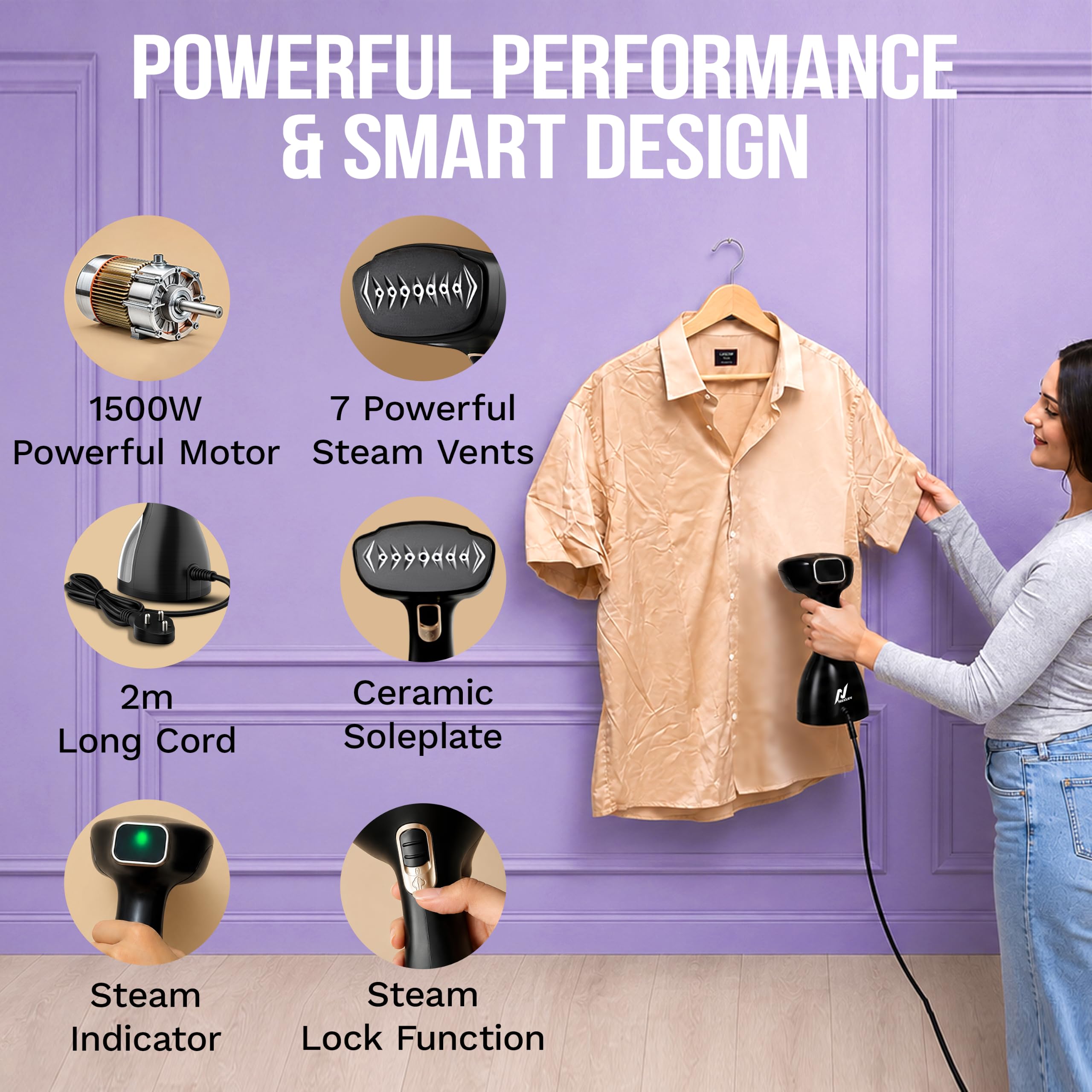 Nexlev Steam Iron Handheld For Clothes | Hand Iron Steamer For Clothes 1500W Garment Steamer | 300ML Tank | Vertical & Horizontal Steam Press for Clothes | 25s Quick Heat | Travel Friendly GS-02 1