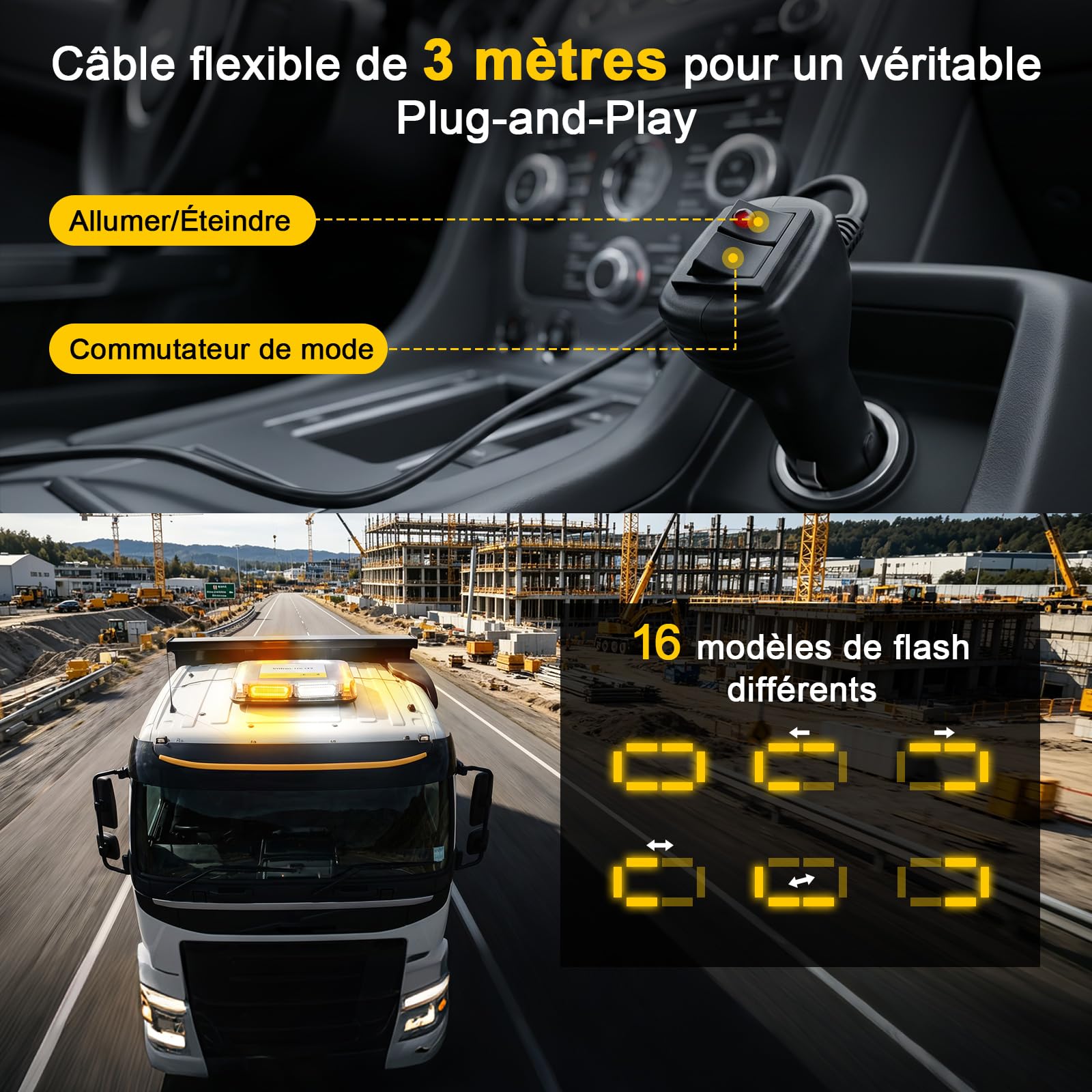 Rampe LED Gyrophare Magnétique 90 LED Jaune Blanc 12V/24V IP65