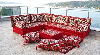 Red Arabic Majlis, Arabic Floor Sofa Seating, Arabic Jalsa,Traditional Arabic Sofa, Oriental Floor Seating, Floor Cushions, Hookah Lounge (L Sofa + Rug)