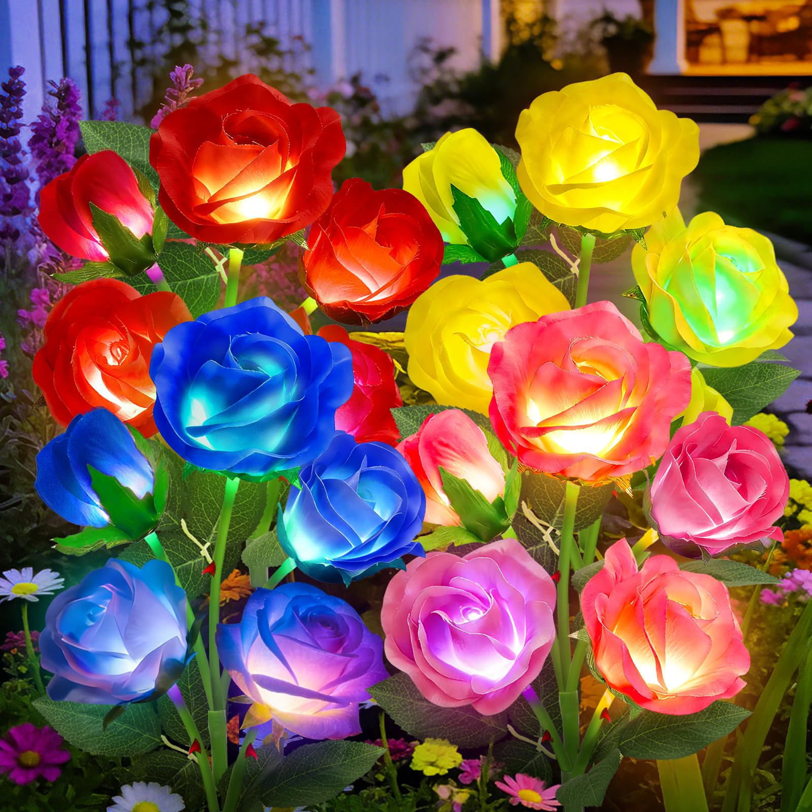 アイドル [MINYYUNY]Blue Garden (Light + Dark) PET ANGMLN 4 Pack Solar Flowers Garden Lights Decorative, 7 Color