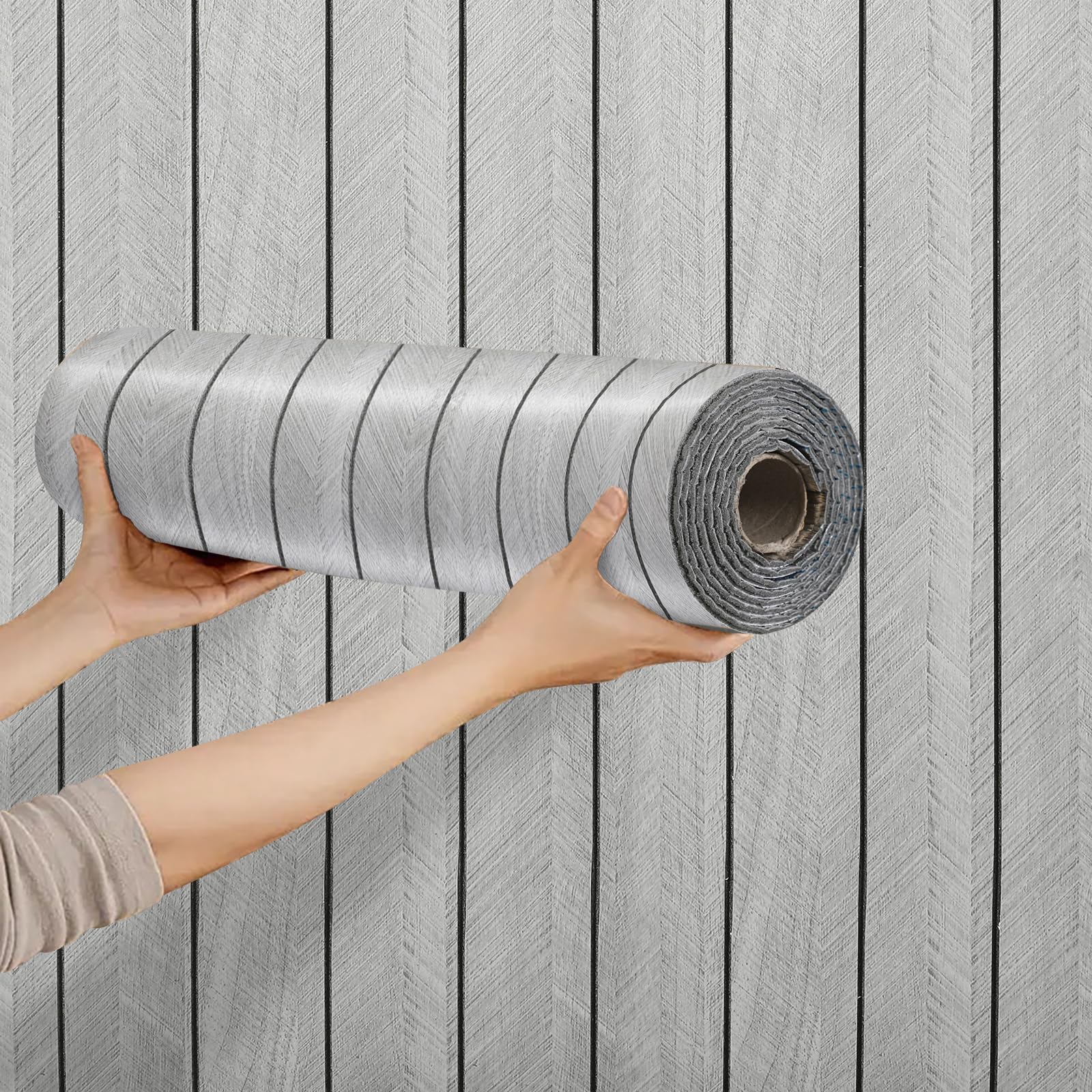1 Roll Self Adhesive Thermal Wallpaper Peel and Stick Wall Panels Light Grey Wood Effect Thick Faux Wood Slat Wallpaper for Living Room Bedroom Insulating Wall Covering Roll，300x40CM