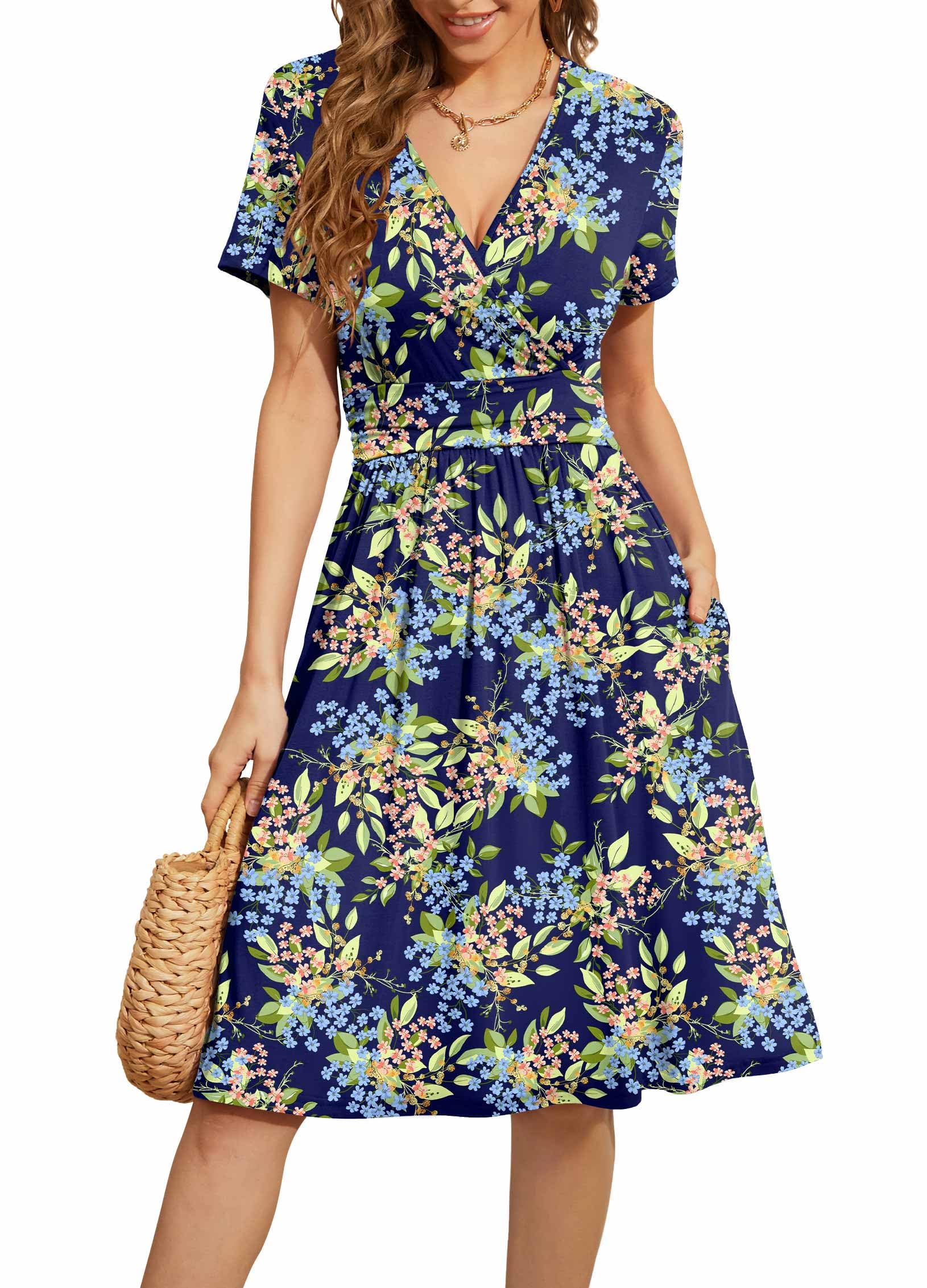 WEACZZY Women's Summer Short Sleeve Casual Dresses V-Neck Floral Party Dress with Pockets