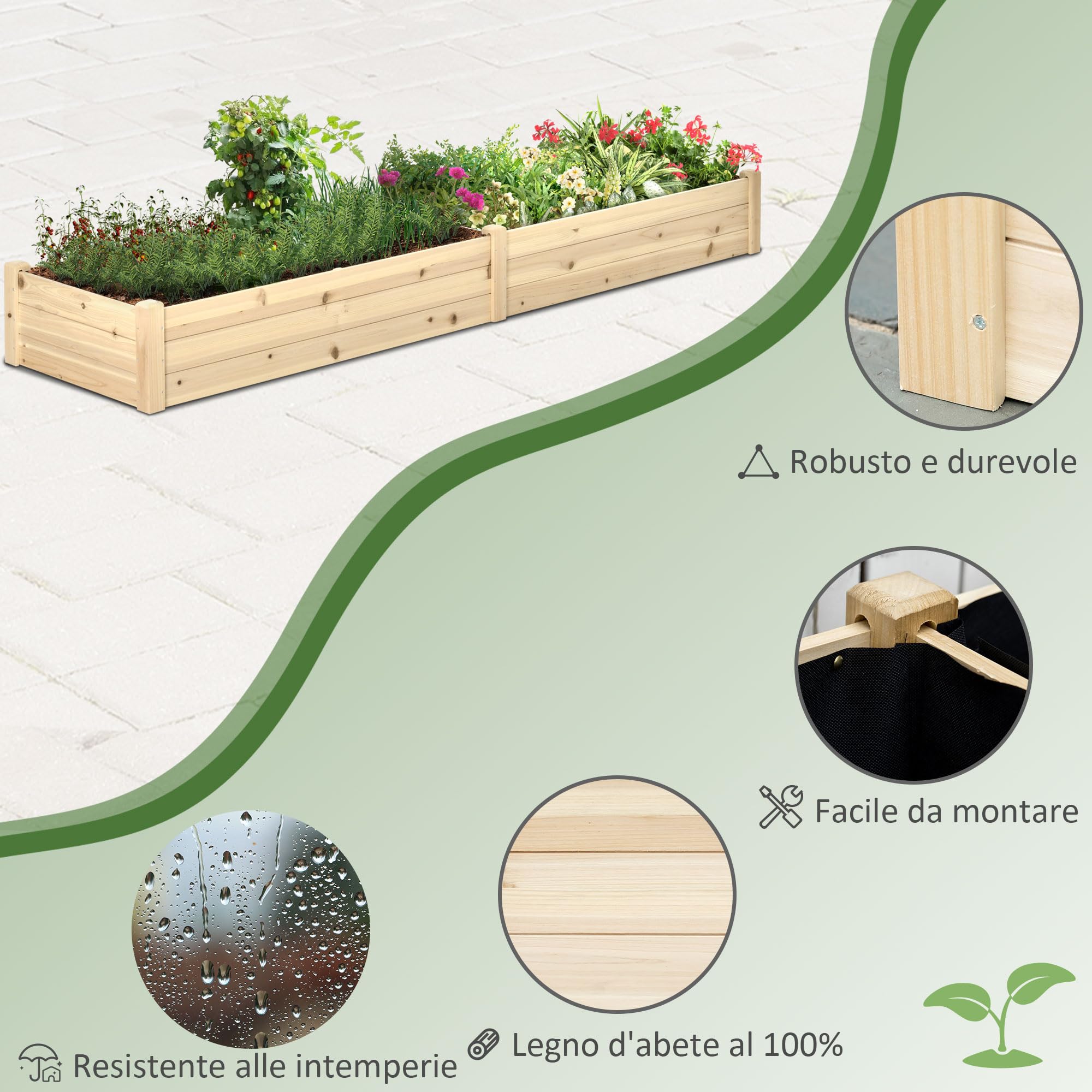 Outsunny Letto per Orto Rialzato, Fioriera con Fondo Aperto 244x61,5x27cm | da Esterno, Legno di Abete, 2 Sezioni Interne Separate, Cassone per Orto a Terra in Legno
